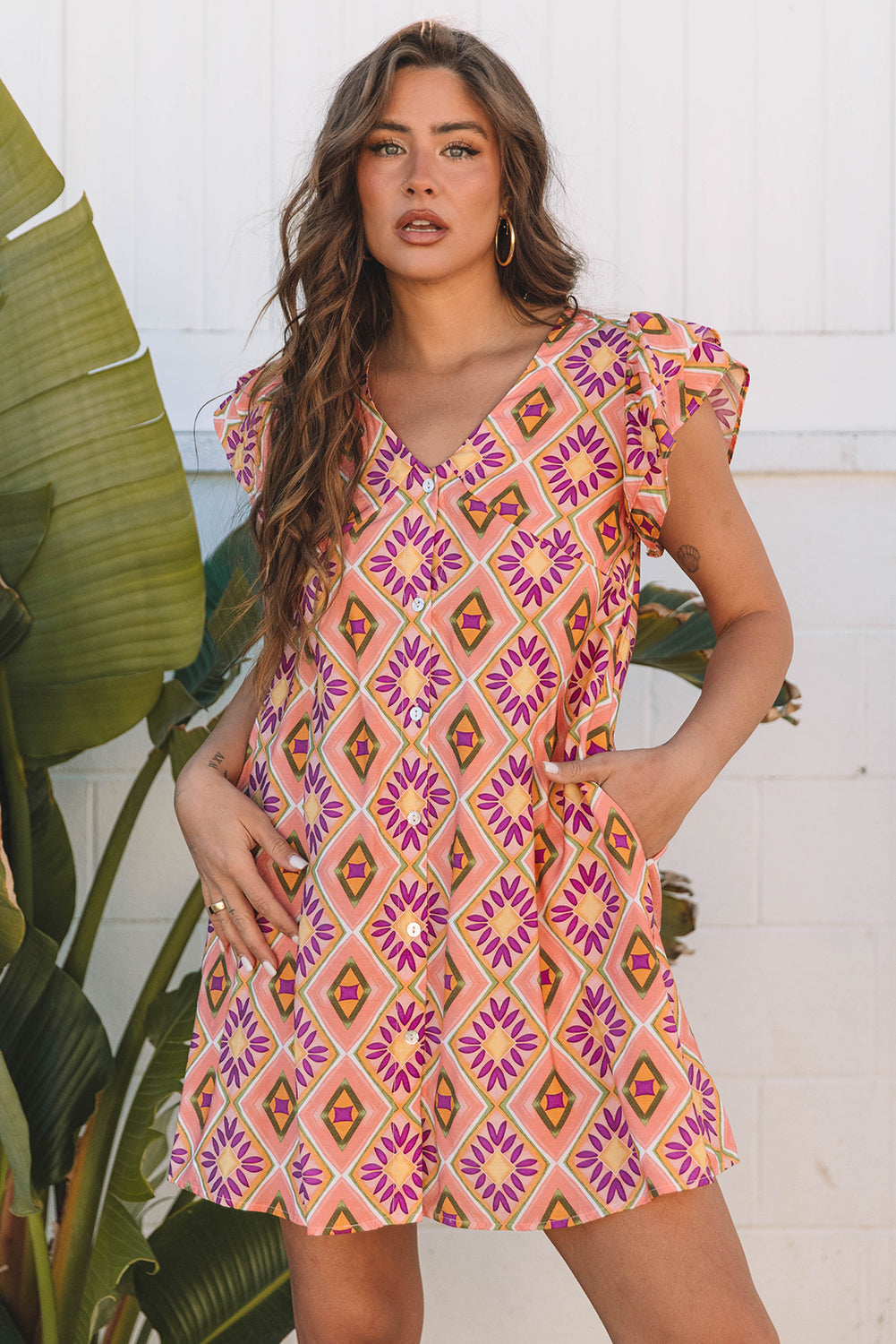 Alexandria Floral V Neck Buttoned Ruffled Sleeve Mini Dress - Threaded Pear