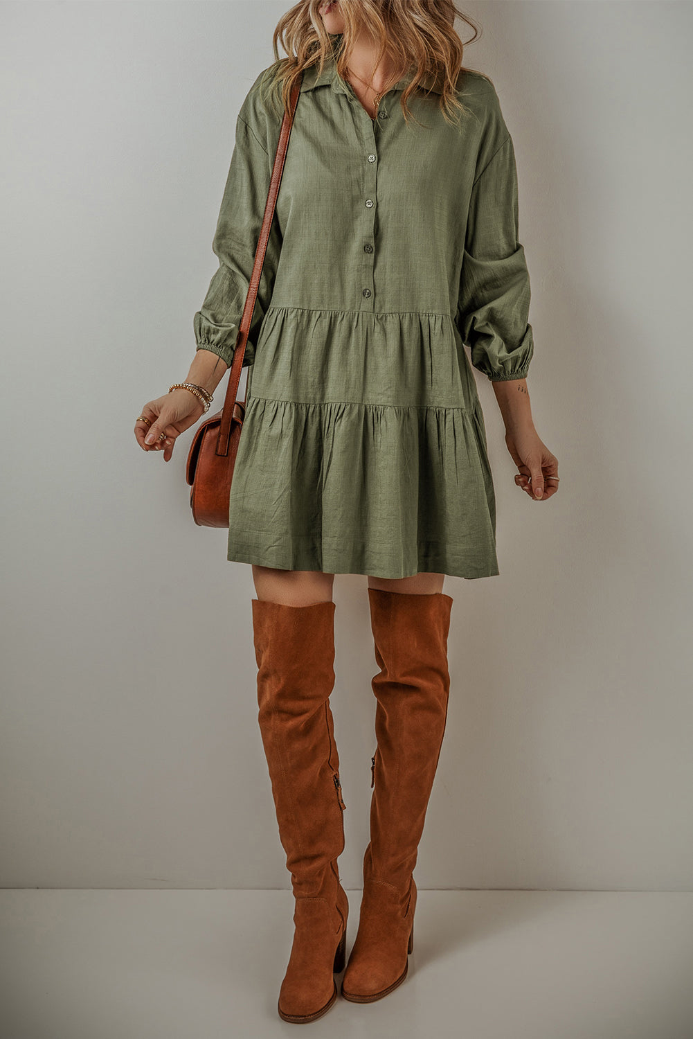 Ariana Puff Sleeve Buttoned Tiered Dress - Threaded Pear