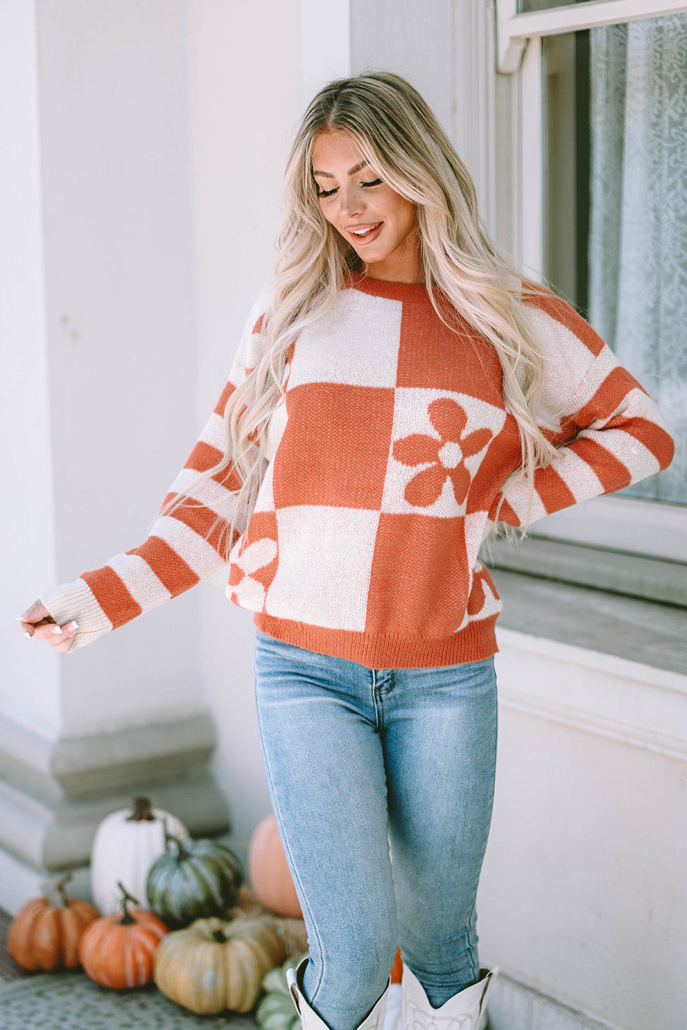 Miller Checkered Floral Striped Sleeve Sweater - Threaded Pear