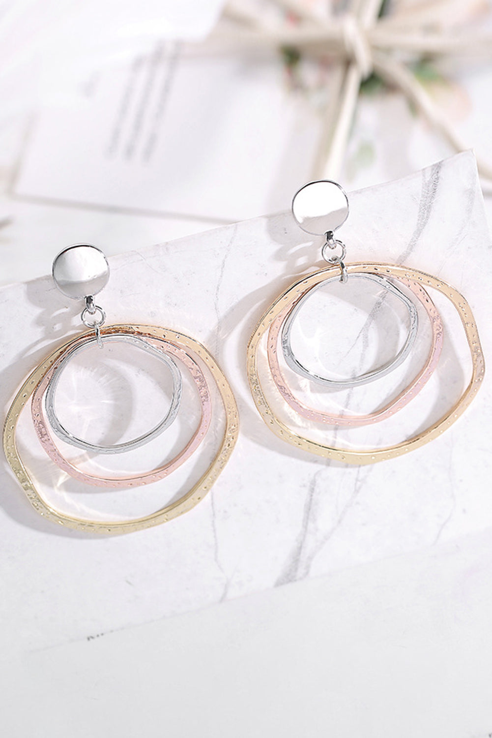 Silver 3-color Concentric Rings Dangle Earrings - Threaded Pear