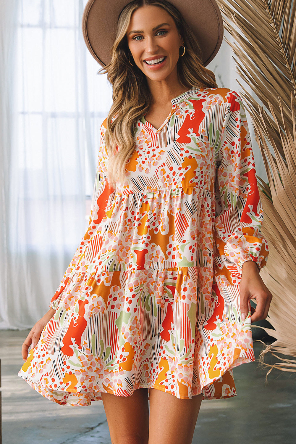 Daniella Split Neck Puff Sleeve Flowy Printed Dress - Threaded Pear