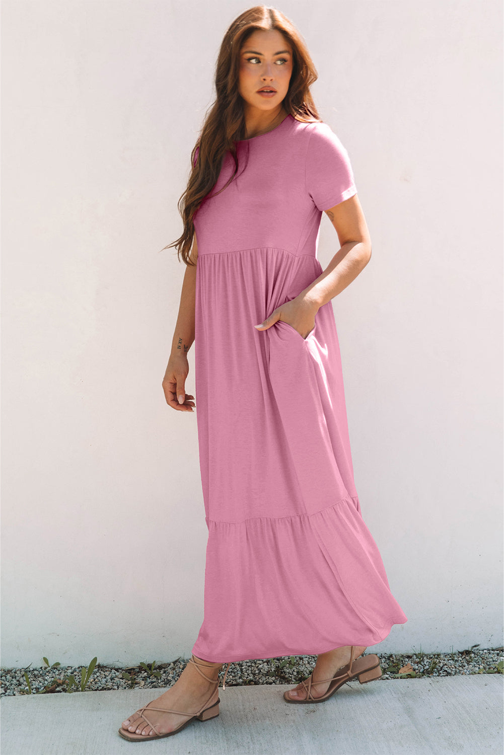 Nala T-shirt High Waist Pocketed Long Dress - Threaded Pear
