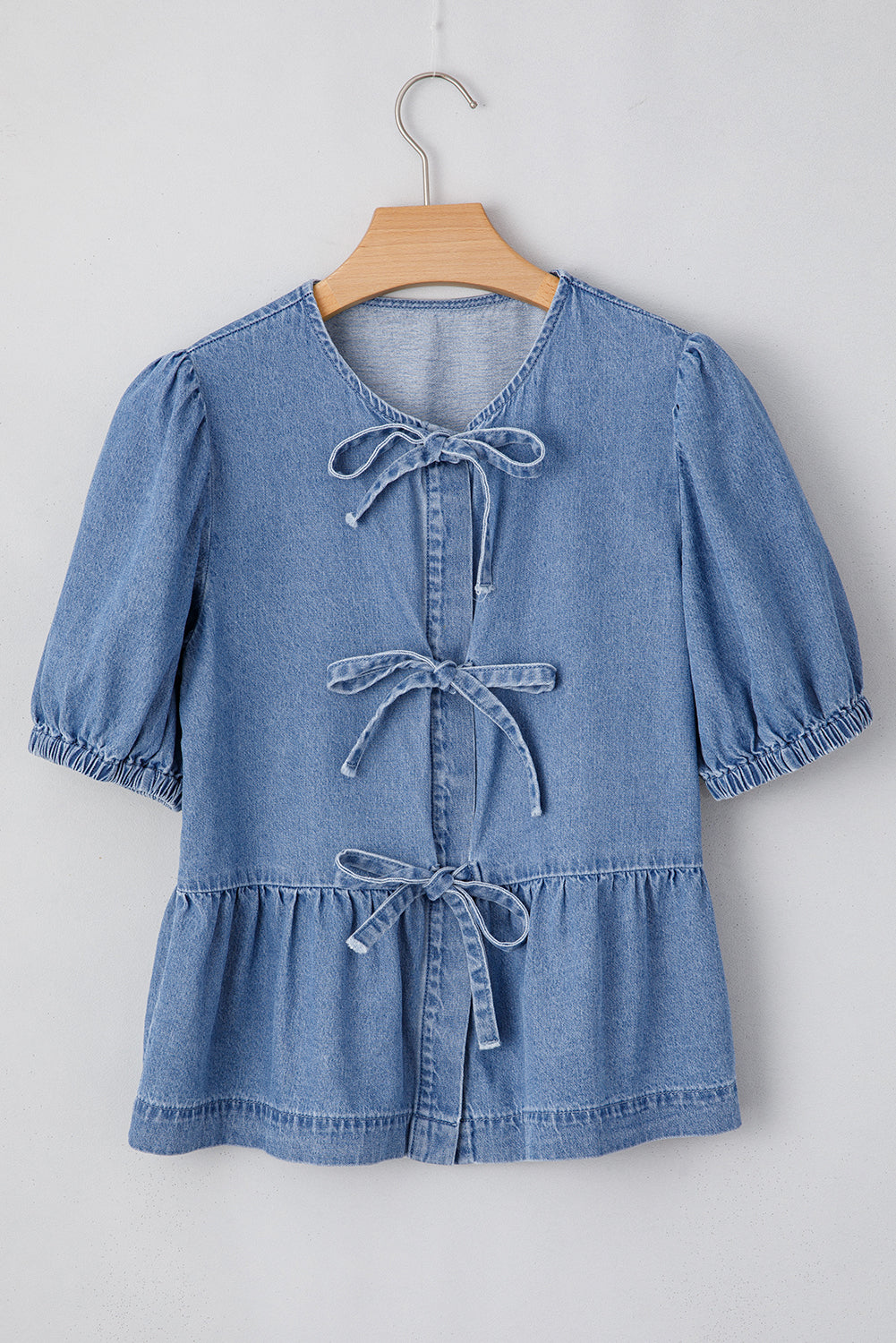 Hope Tied Front Bubble Sleeve Peplum Denim Shirt - Threaded Pear