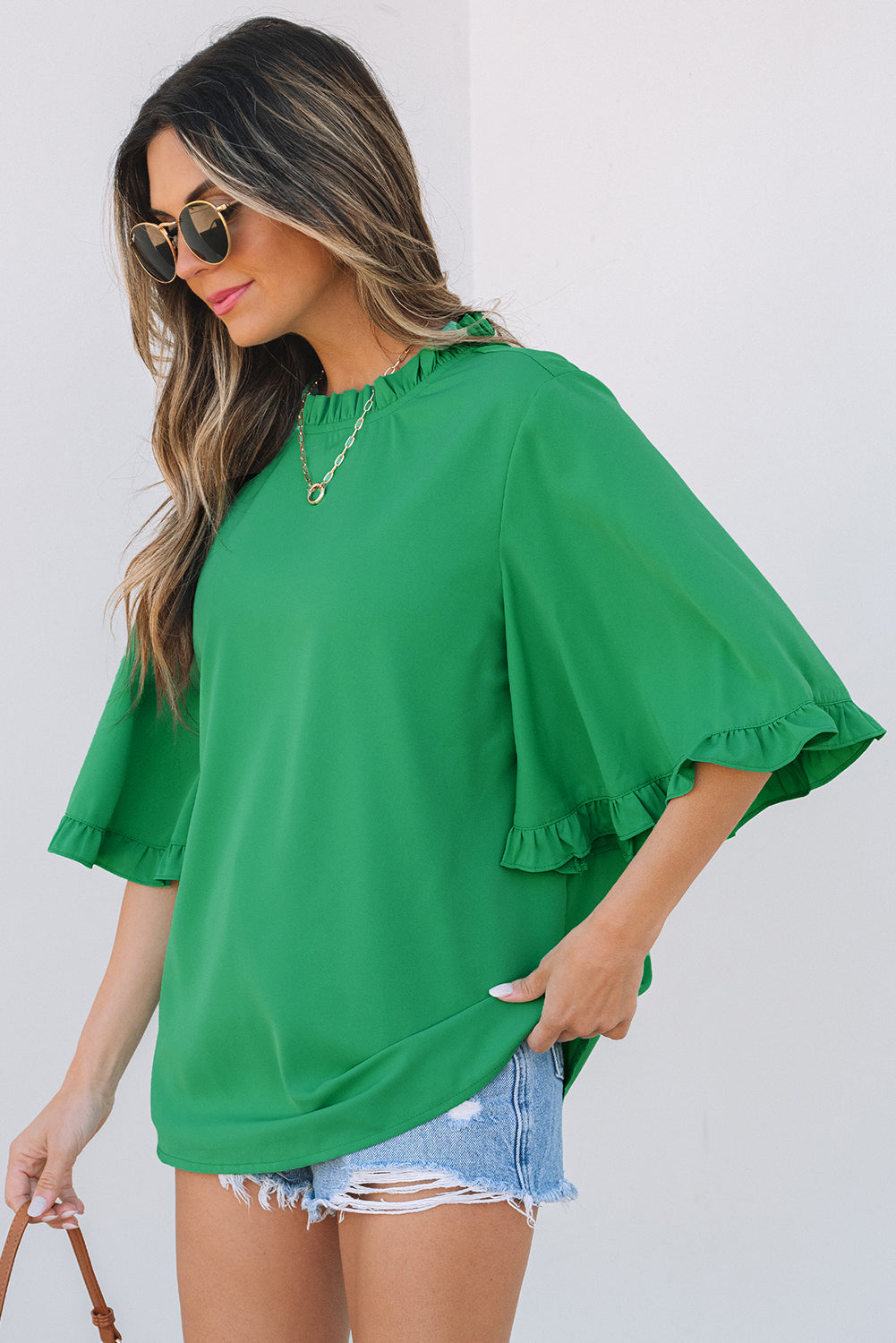 Holland Frilly Half Sleeve Blouse - Threaded Pear