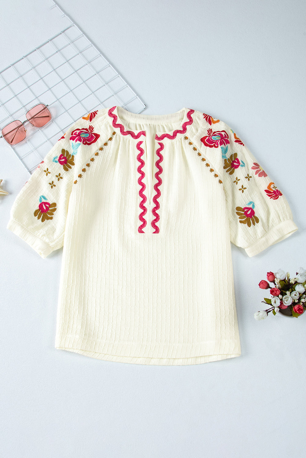 August Floral Embroidered Puff Sleeve Blouse - Threaded Pear