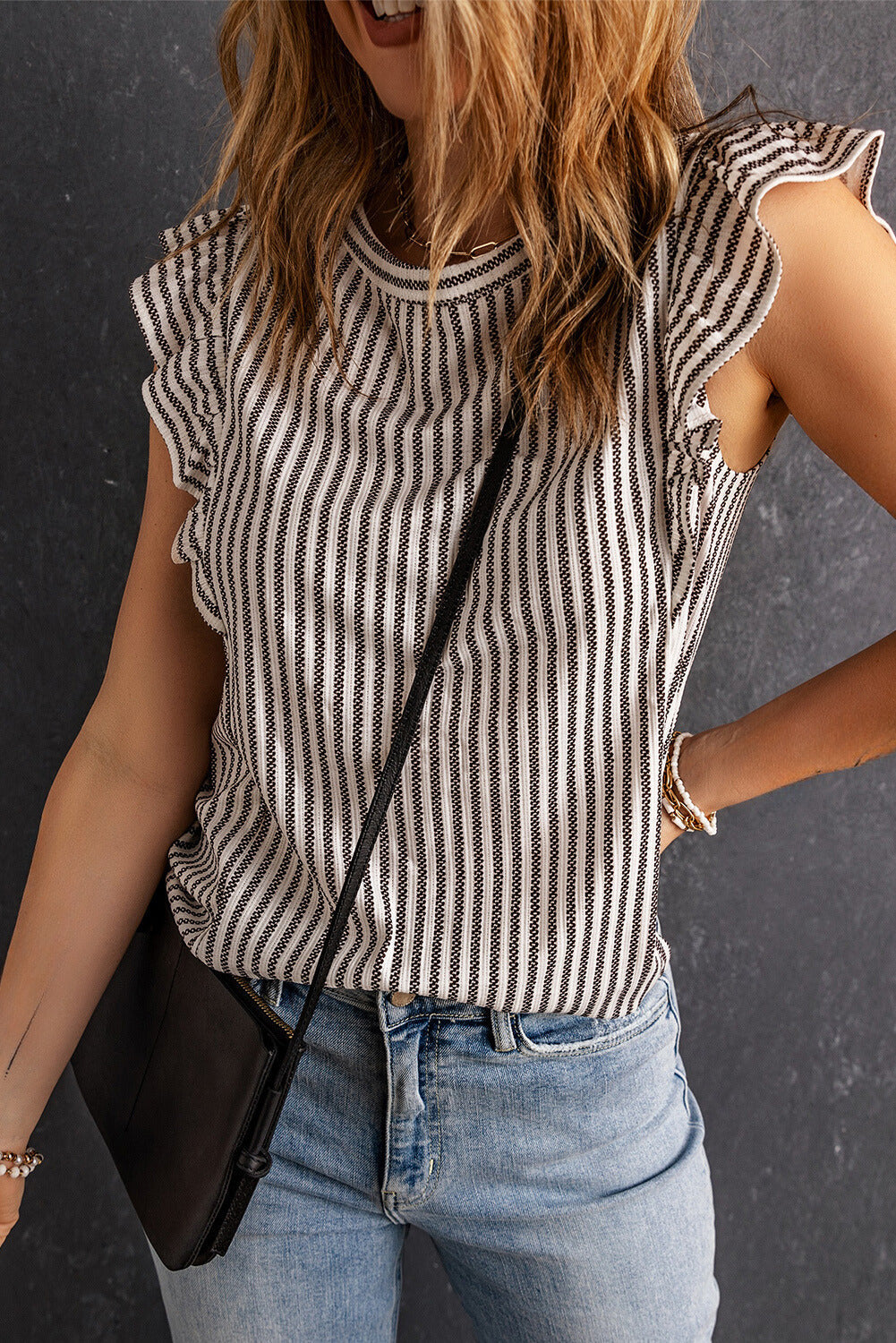 Sofia Crew Neck Ruffled Striped Tank Top - Threaded Pear