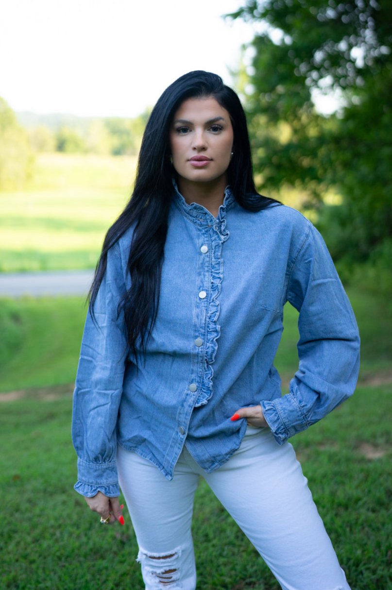 Allyson Ruffled Long Sleeve Buttoned Denim Shirt - Threaded Pear