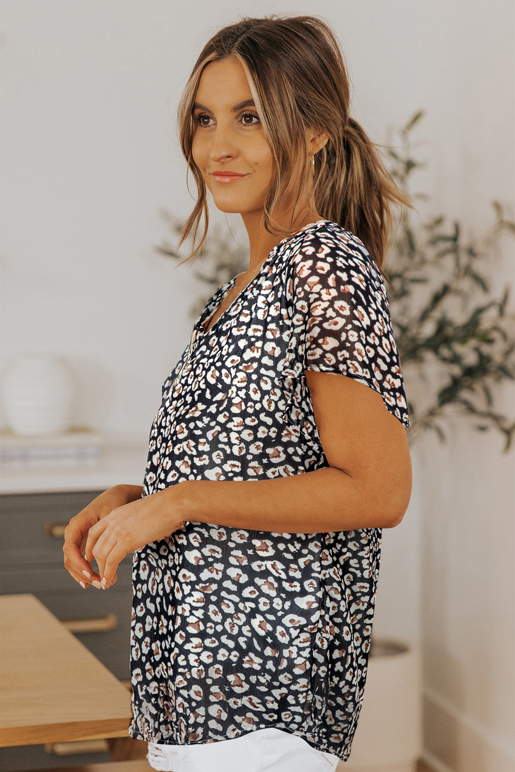 Ellie Flutter Sleeve V Neck Floral Blouse - Threaded Pear