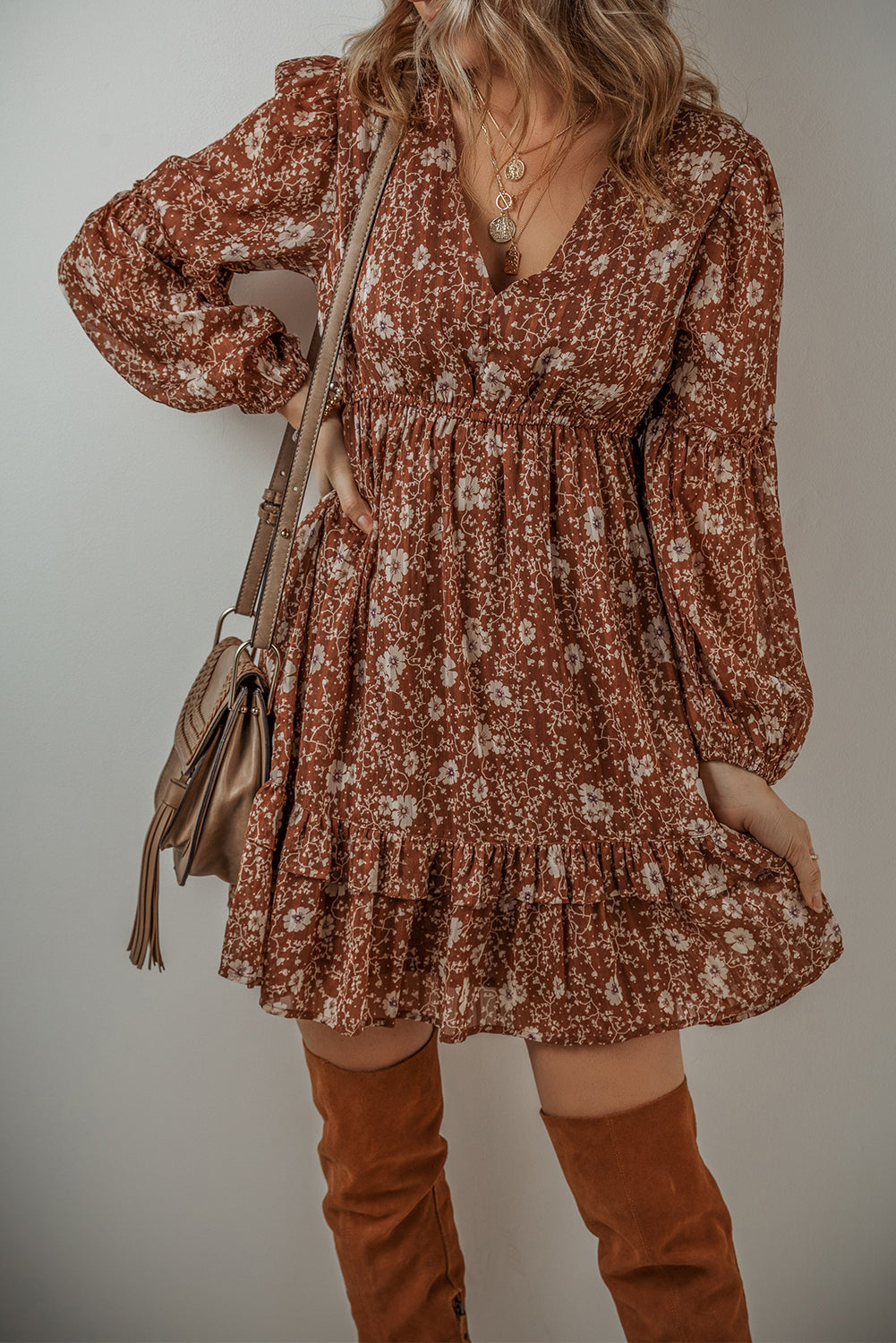 Ashley Boho Floral Puff Sleeve Mini Dress - Threaded Pear
