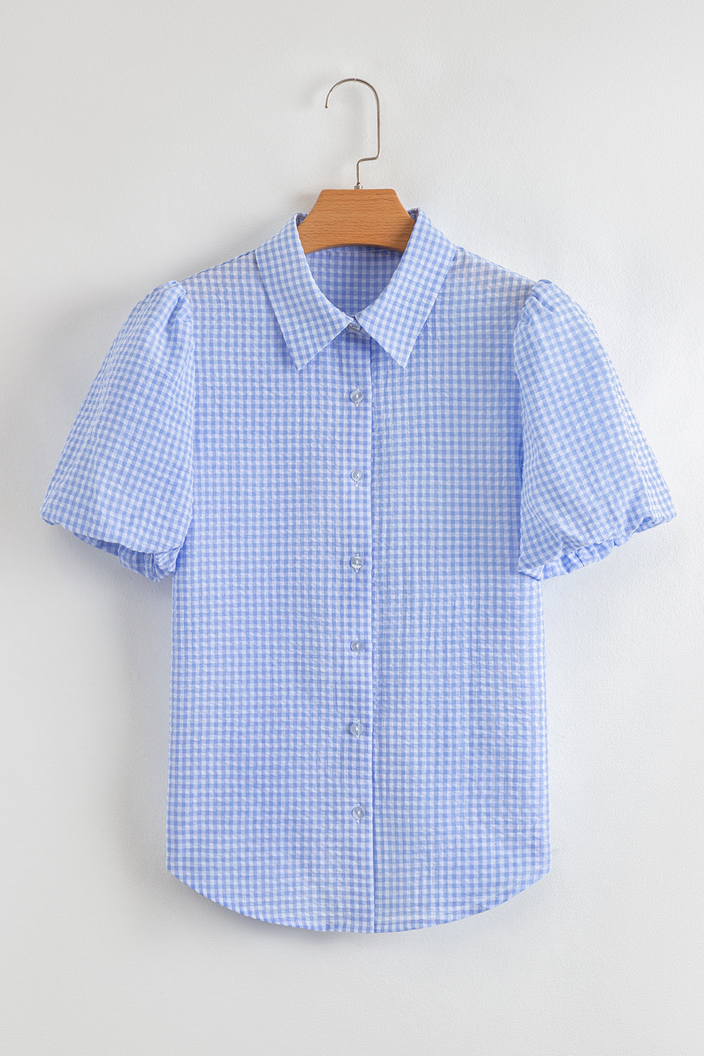 Mandy Gingham Short Puff Sleeve Button Up Top - Threaded Pear