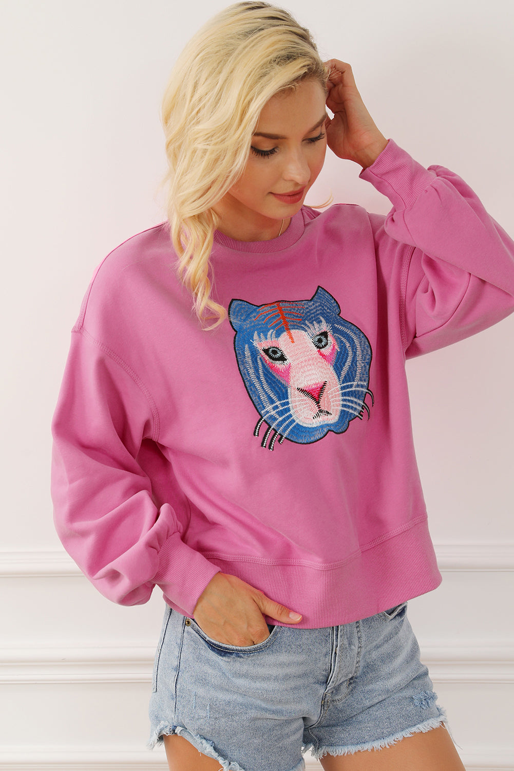 Regina Chic Tiger Embroidered Casual Sweatshirt - Threaded Pear