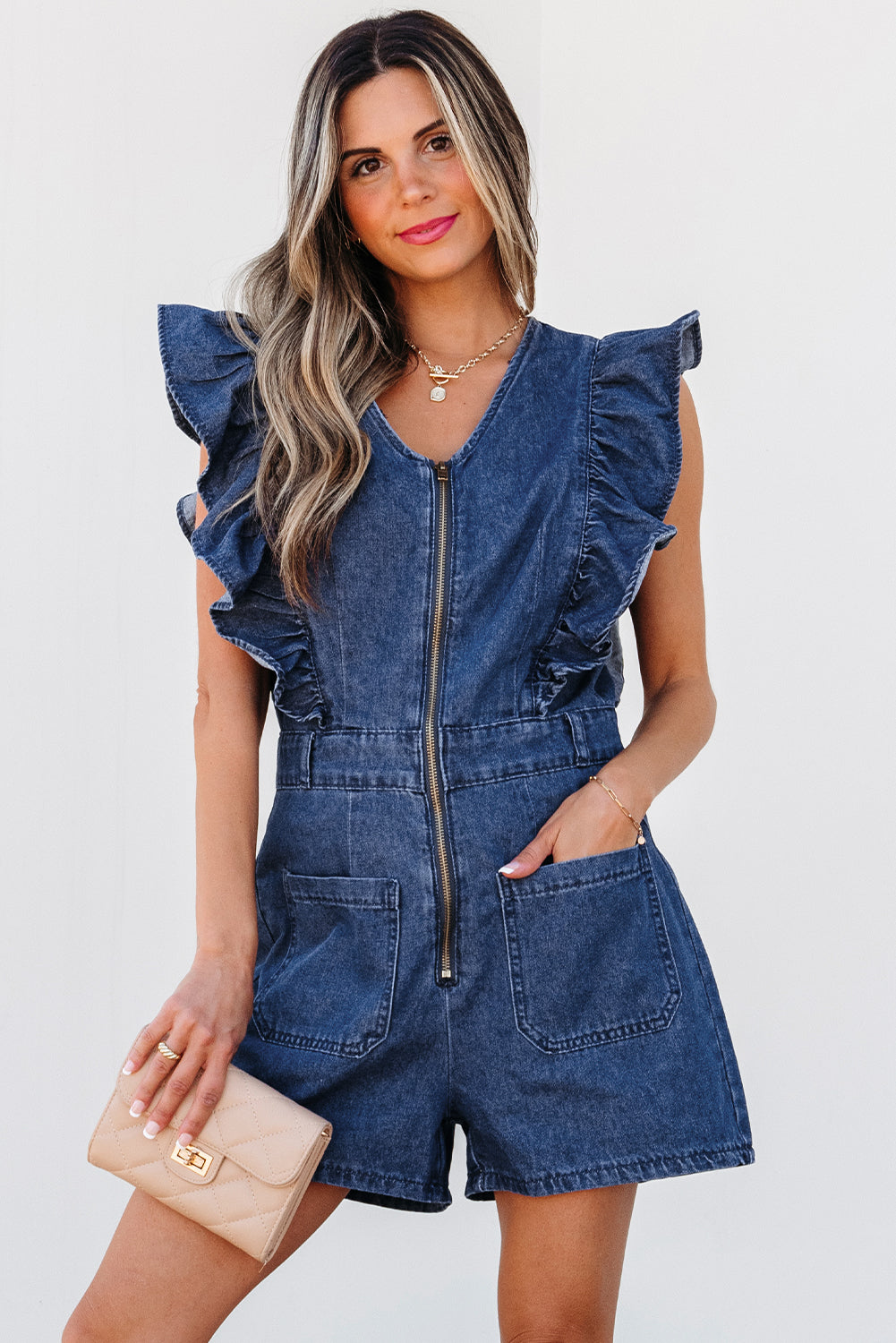 Amora Denim Ruffled Zipped Front Belted Romper - Threaded Pear