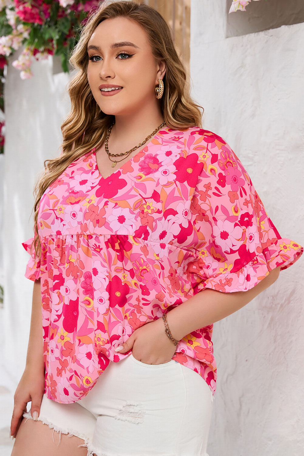 Kaiya Floral Print Ruffled Half Sleeve Plus Size Babydoll Blouse - Threaded Pear