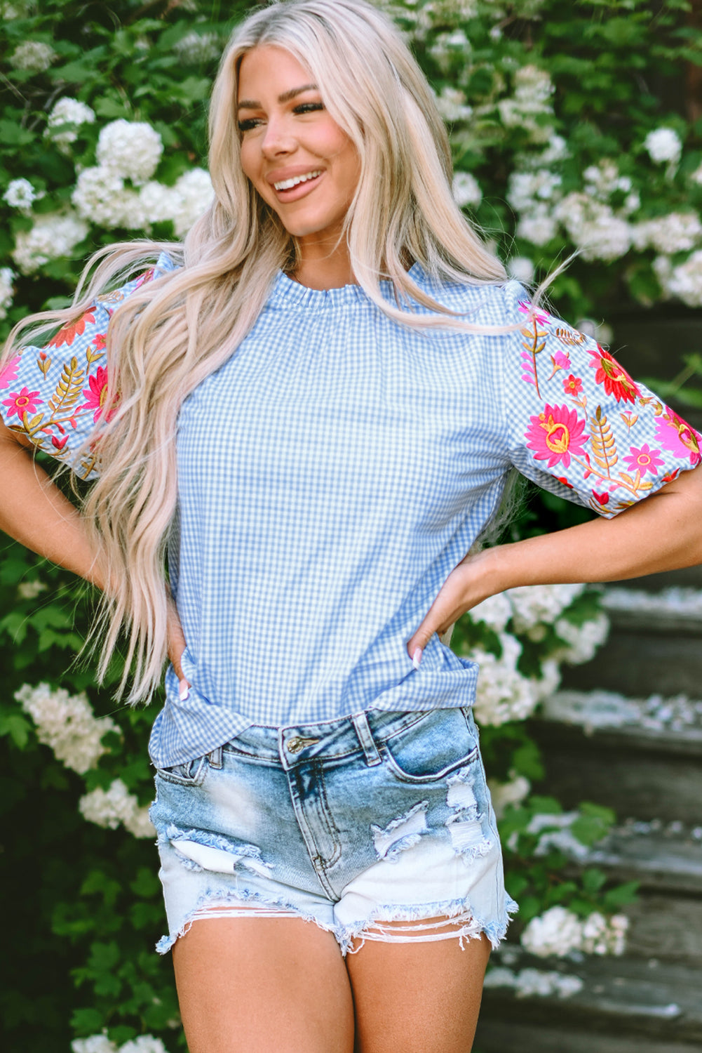 Pearl Gingham Floral Embroidered Puff Sleeve Blouse - Threaded Pear