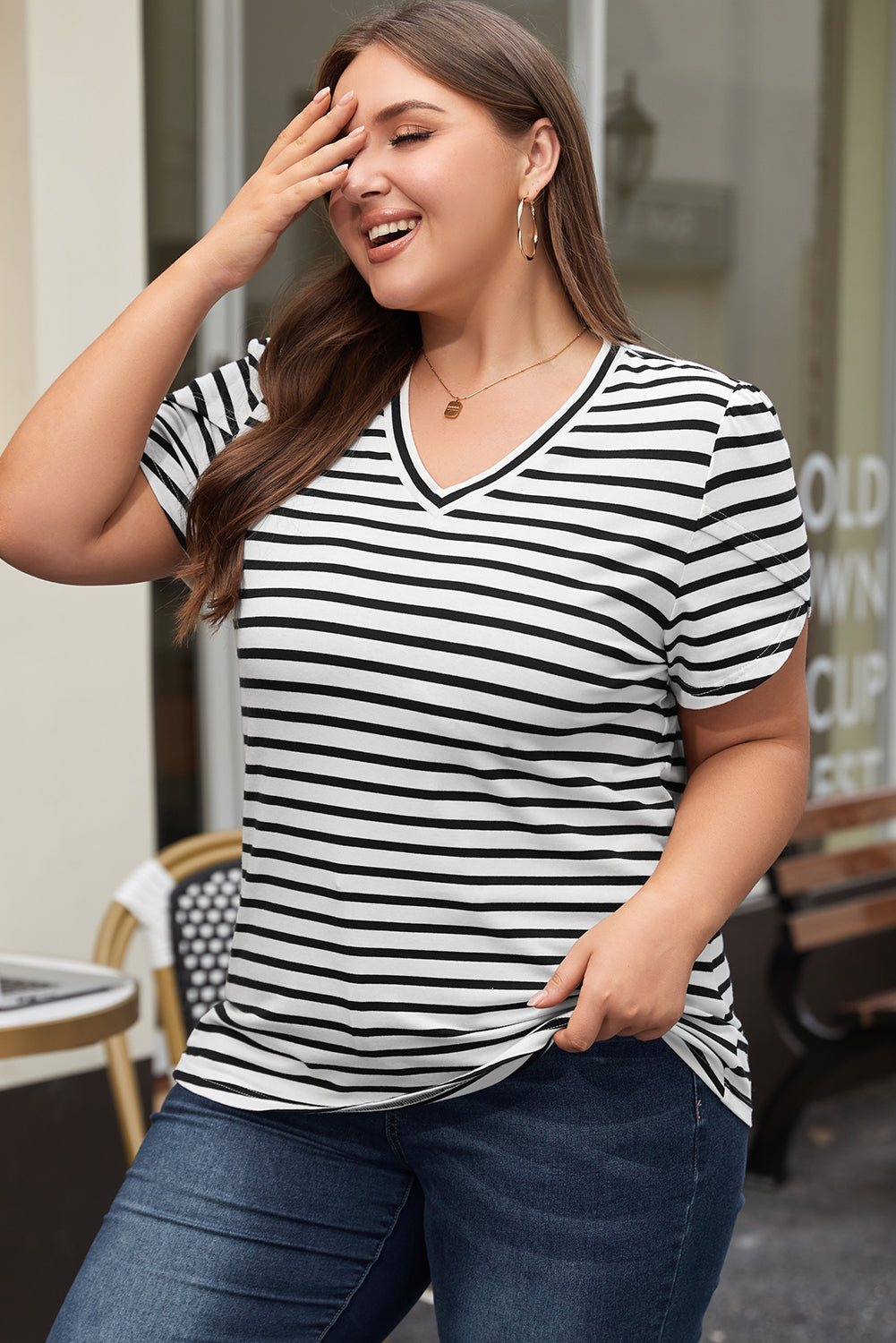 Ramona Stripe V Neck Petal Sleeve Plus Size Top - Threaded Pear