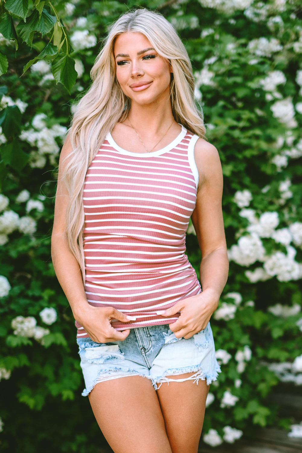 Kamari Stripe Contrast Round Neck Sleeveless Slim Top - Threaded Pear