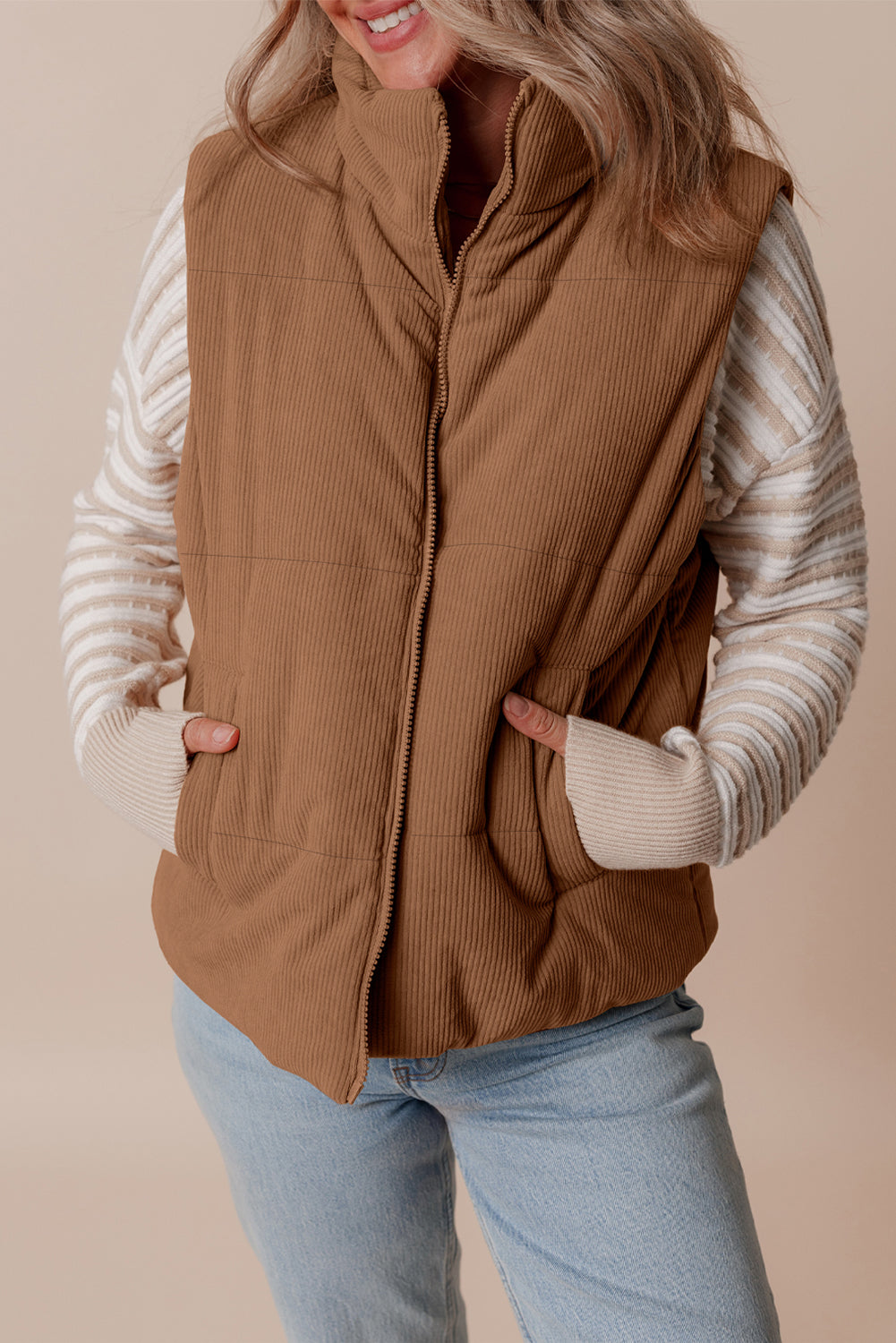 Natalia Corduroy Zipped Puffer Vest - Threaded Pear