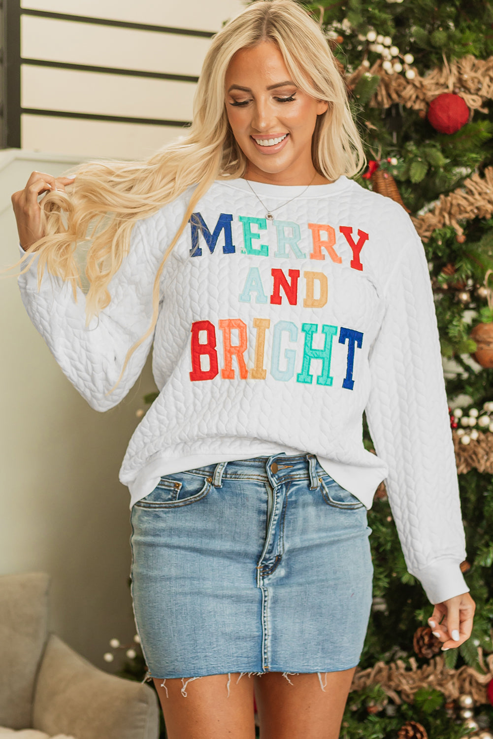 Merry And Bright Knit Pullover Sweatshirt - Threaded Pear
