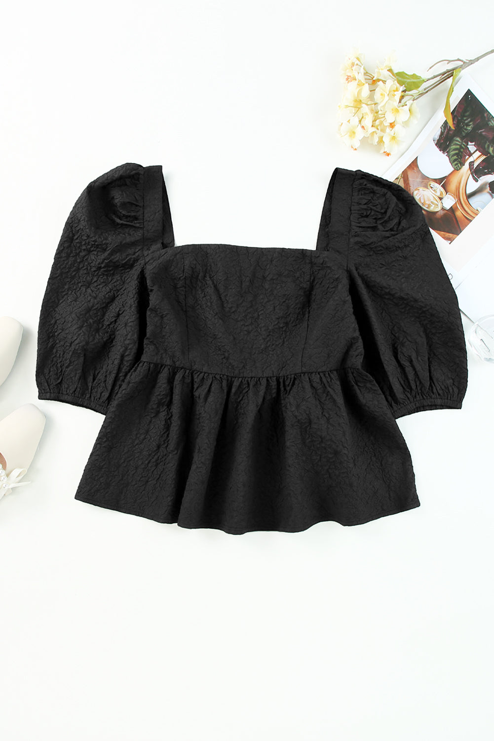 Adelina Square Neck Puff Sleeve Blouse - Threaded Pear