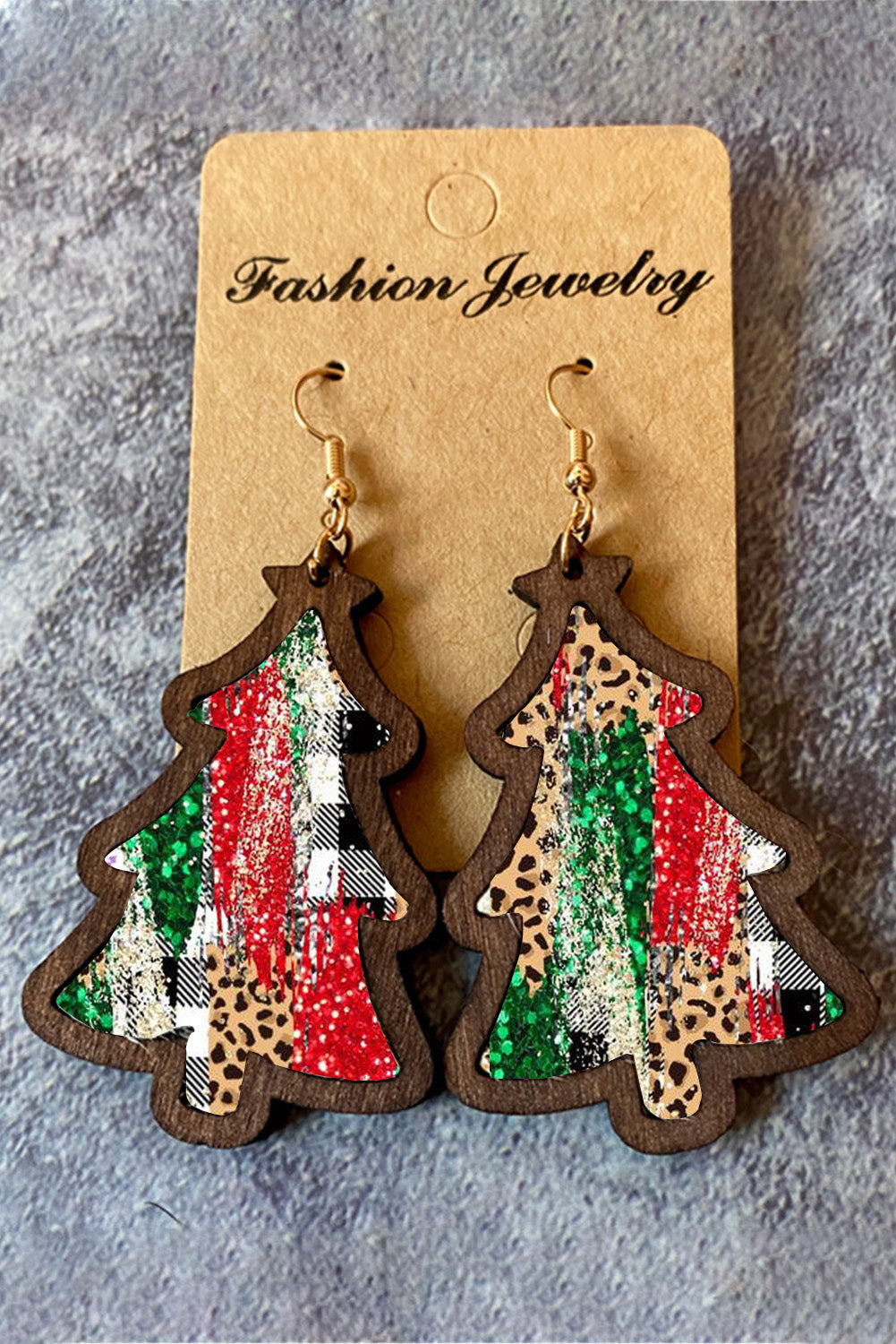 Fiery Red Shade Of Leopard Plaid Christmas Tree Earrings - Threaded Pear