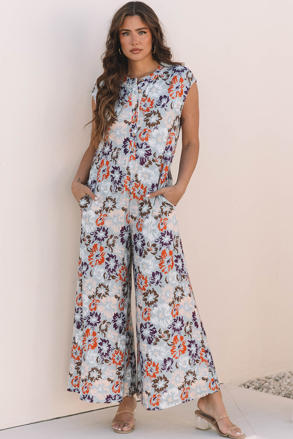 Kylee Floral Sleeveless Buttoned Wide Leg Jumpsuit - Threaded Pear