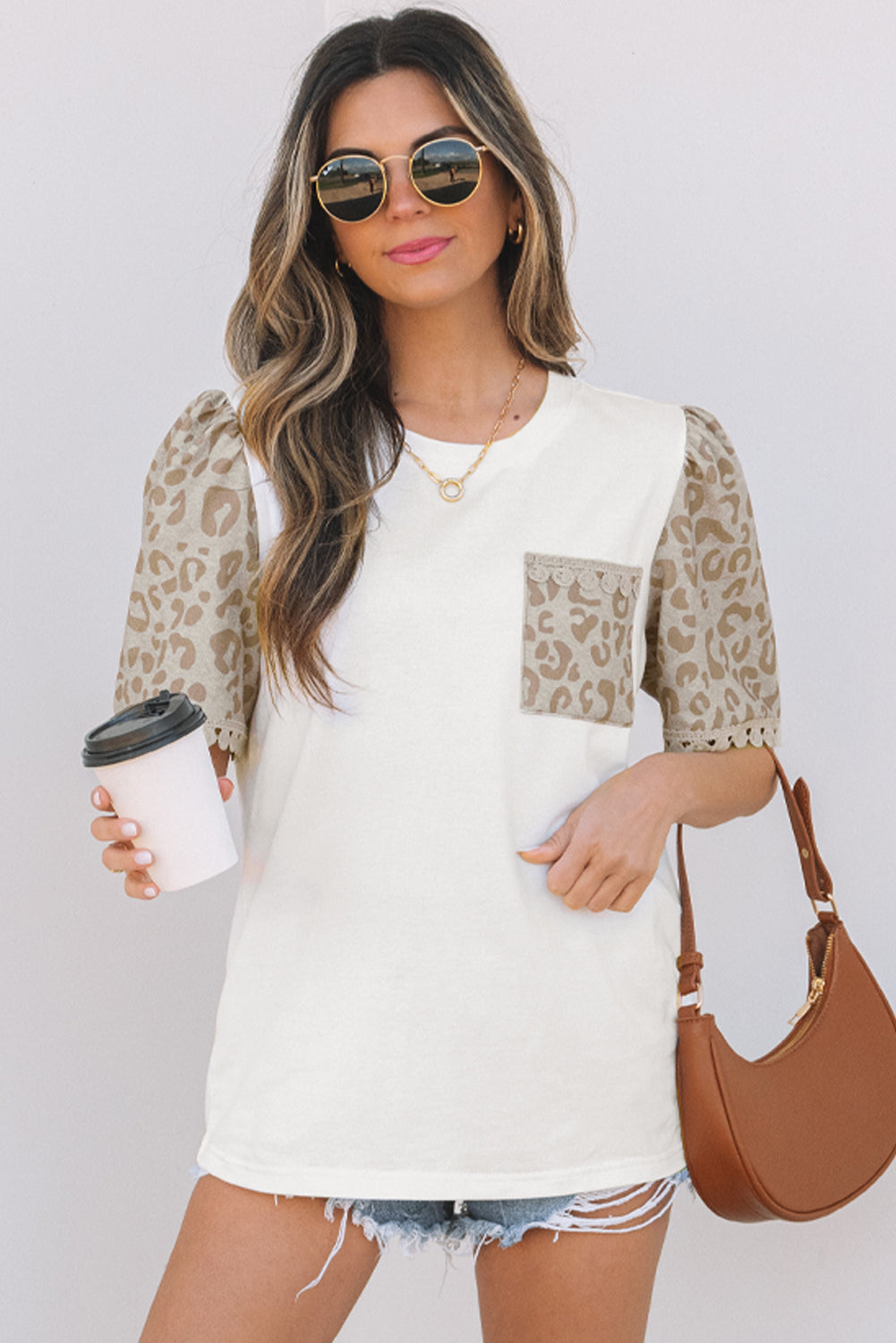 Leona Leopard Lace Trim Puff Sleeve Top - Threaded Pear