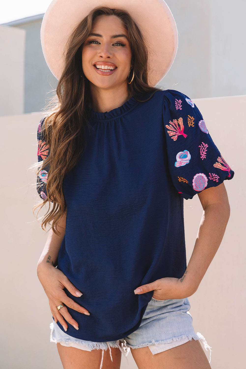 Maddison Shellfish Coral Embroidery Blouse - Threaded Pear