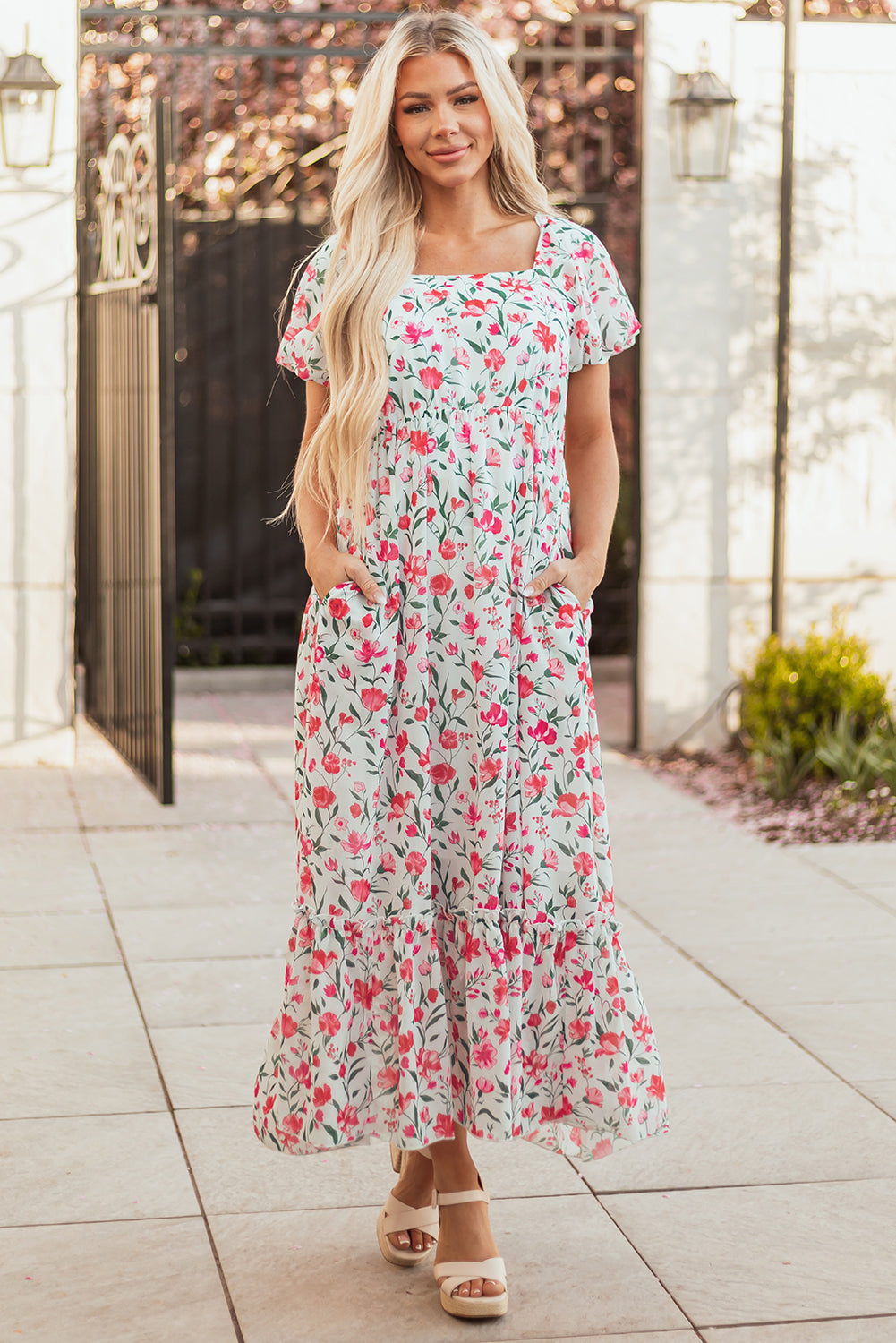 Molly Floral Square Neck Empire Waist Tiered Maxi Dress - Threaded Pear