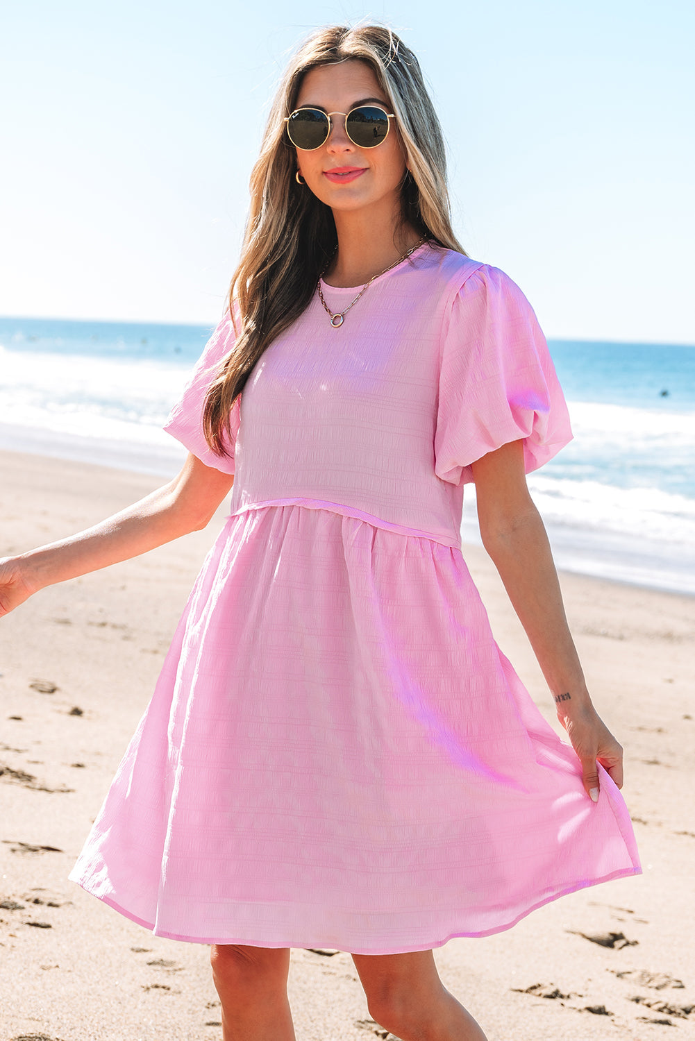 Winona Bubble Sleeve High Waist Mini Dress - Threaded Pear