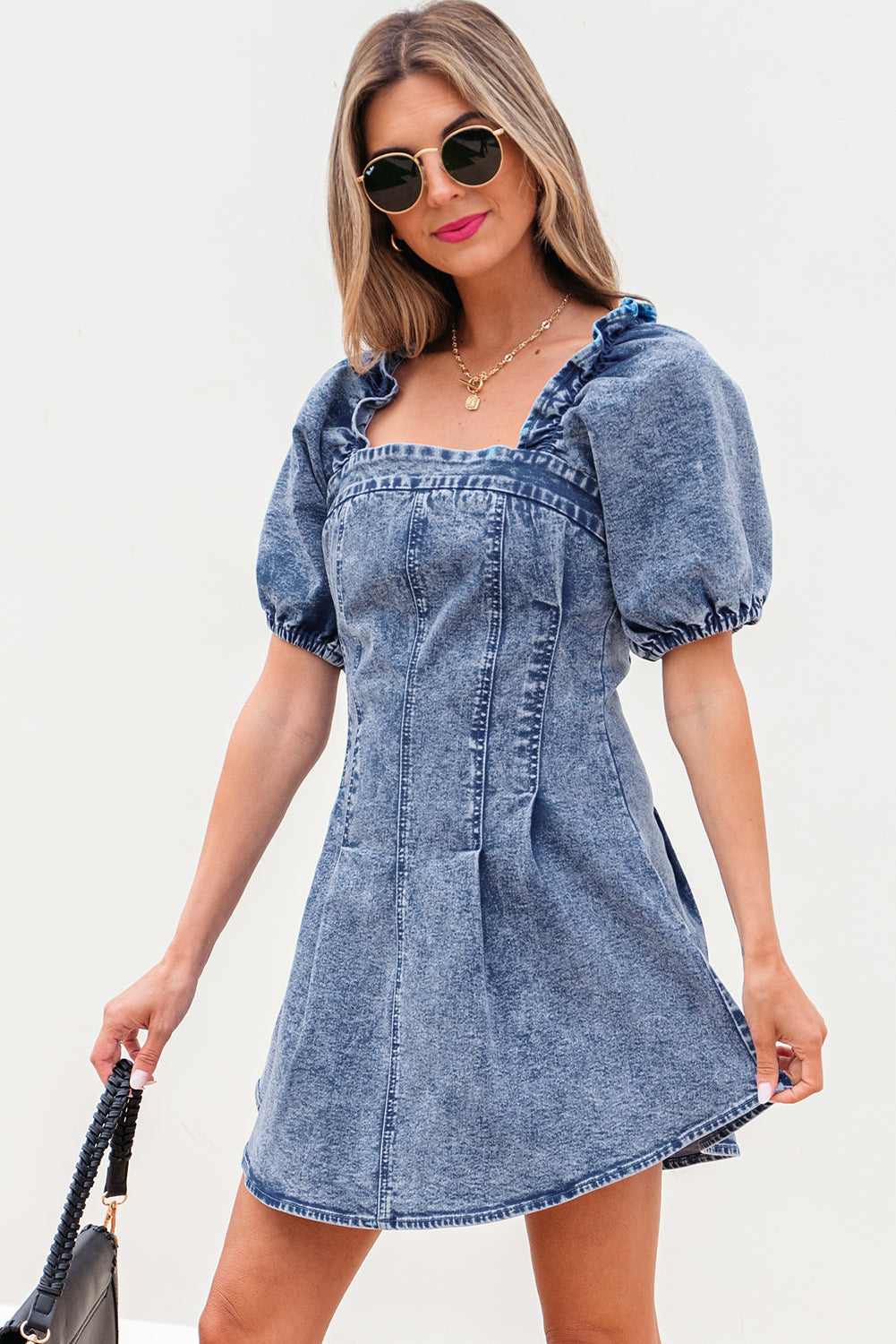 Celia Square Neck Bustier Puff Sleeve Short Denim Dress - Threaded Pear