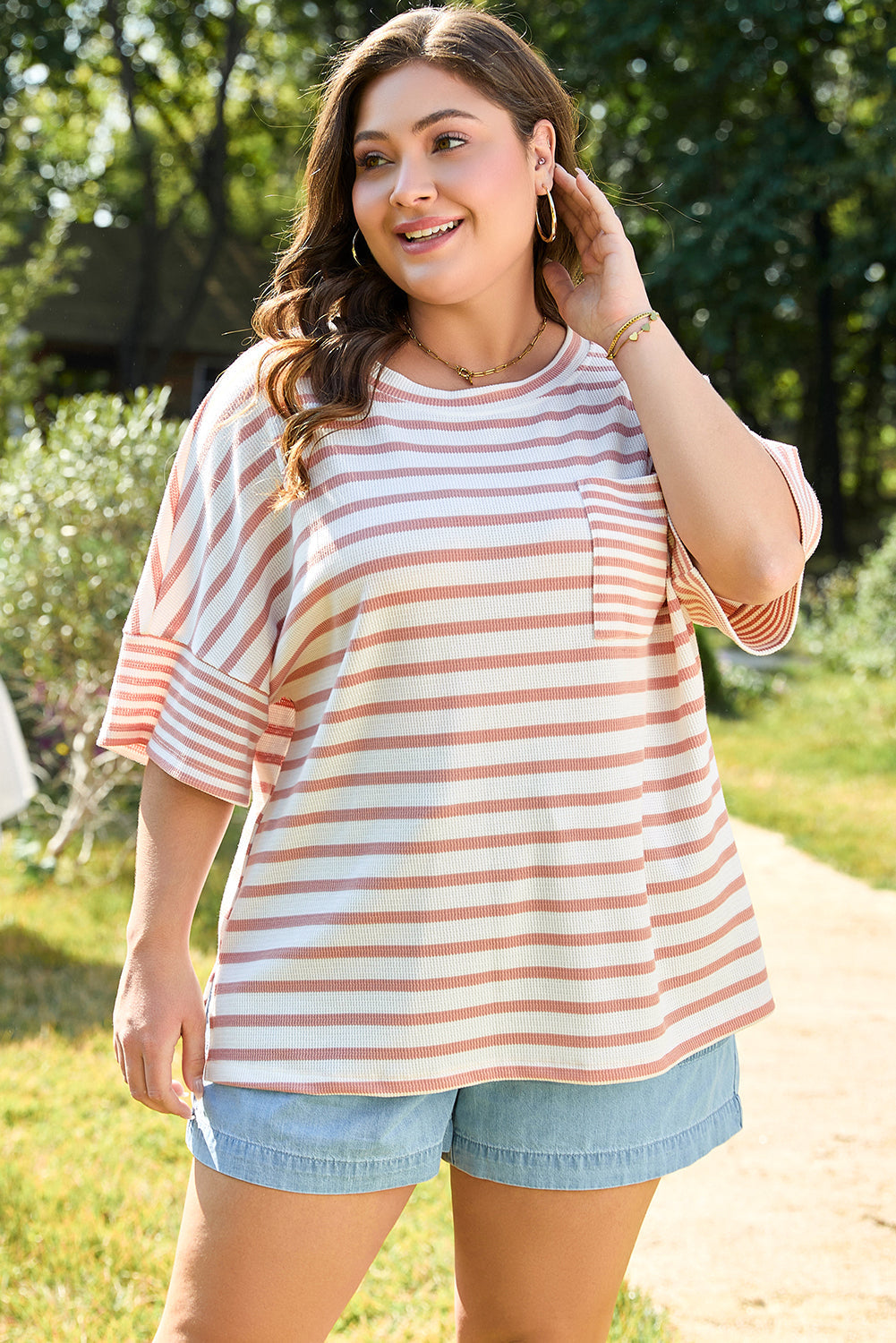 Amari Plus Size Stripe Waffle Knit Top - Threaded Pear