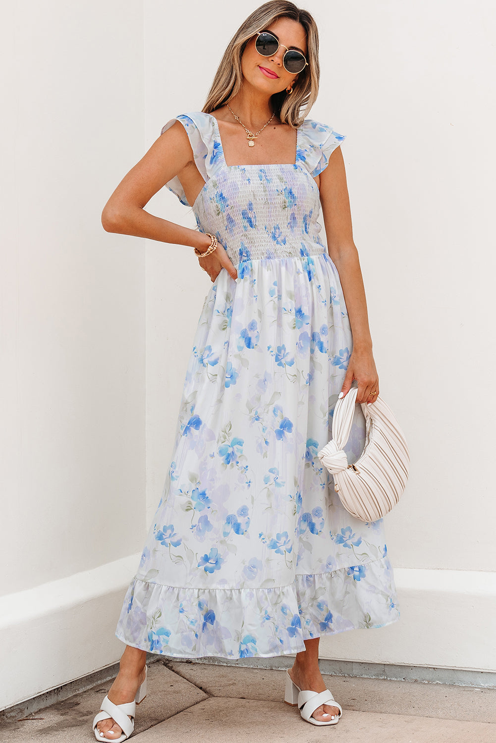 Josephine Floral Smocked High Waist Sleeveless Long Dress - Threaded Pear