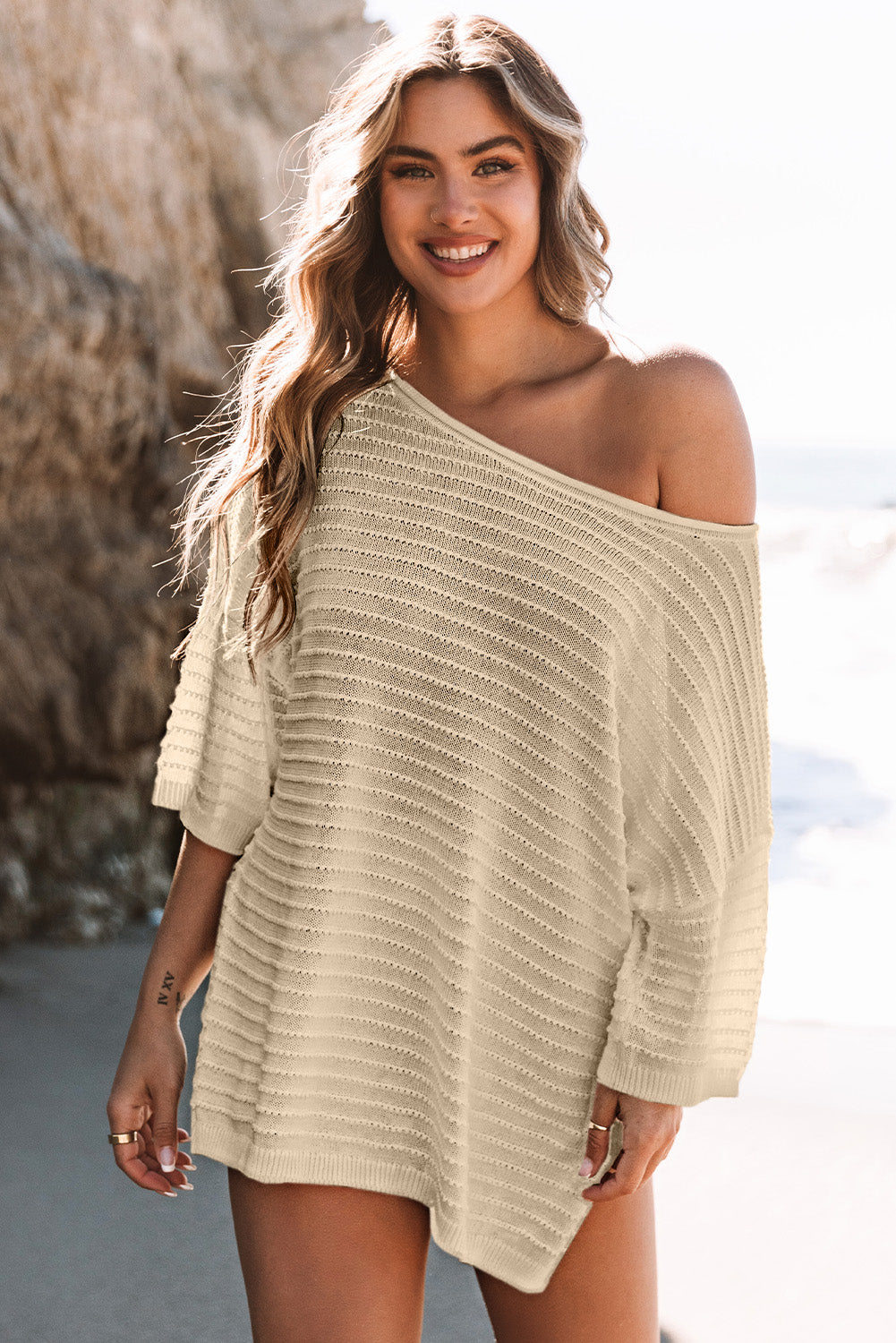 SimoneTextured Knit Drop Shoulder Short Sleeve Sweater - Threaded Pear