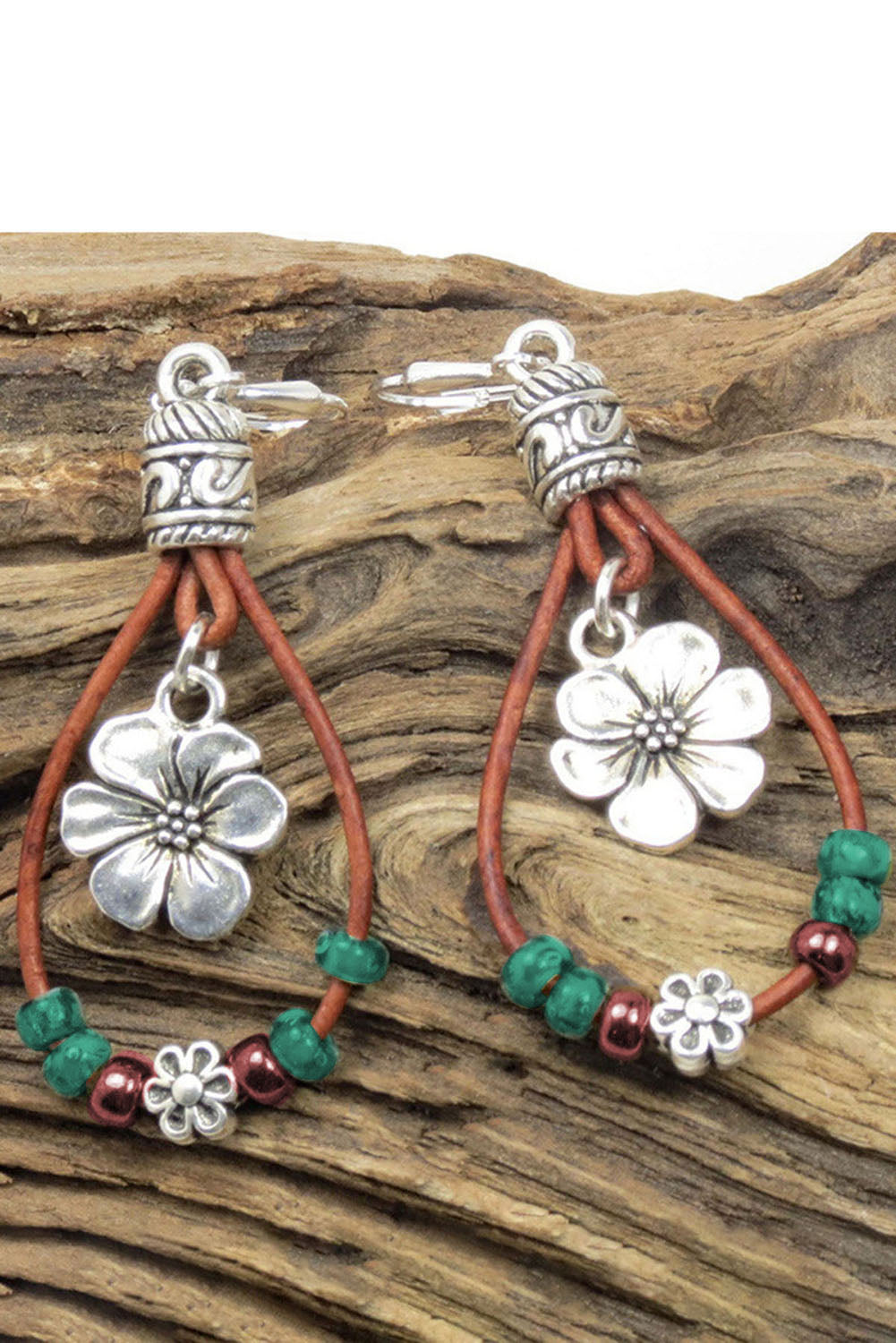Silvery Western Leather Beaded Floral Dangle Earrings - Threaded Pear