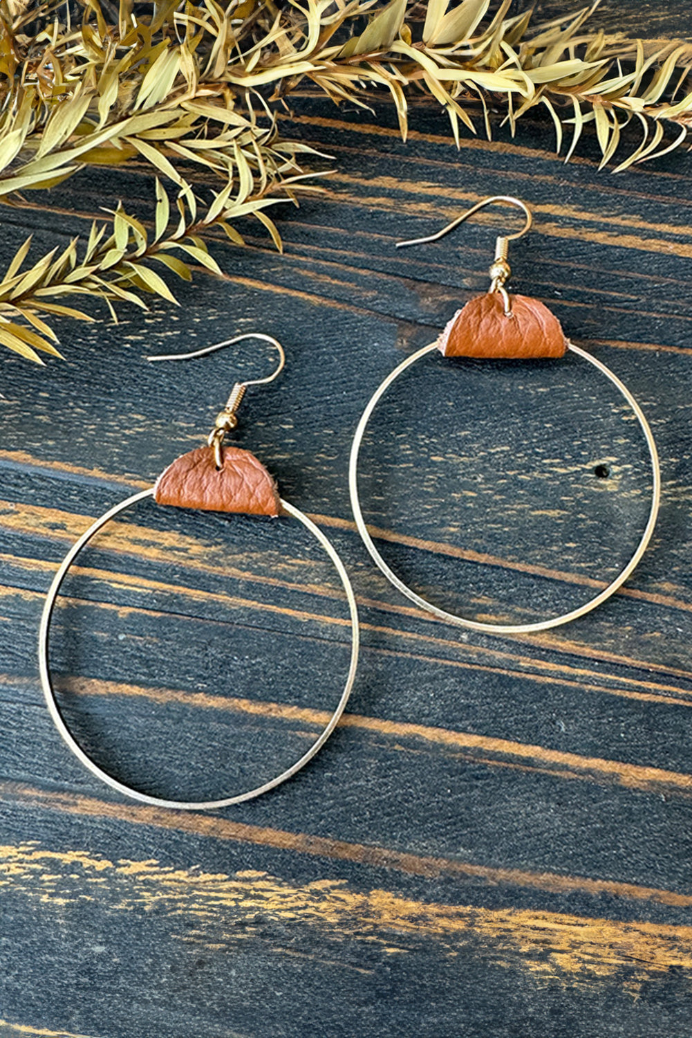 Gold Leather Hoop Earrings - Threaded Pear