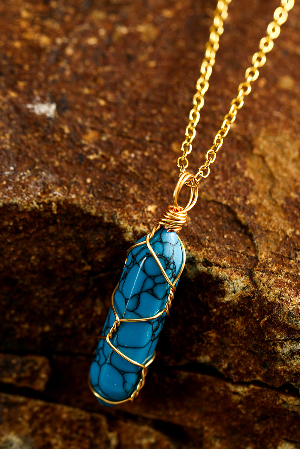 Blue Gold Wire Wrapped Turquoise Pendant Necklace - Threaded Pear