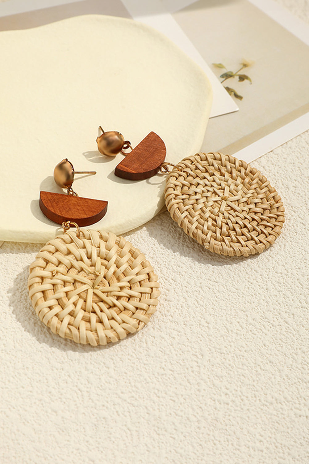 Beige Wooden Woven Disc Dangle Earrings - Threaded Pear