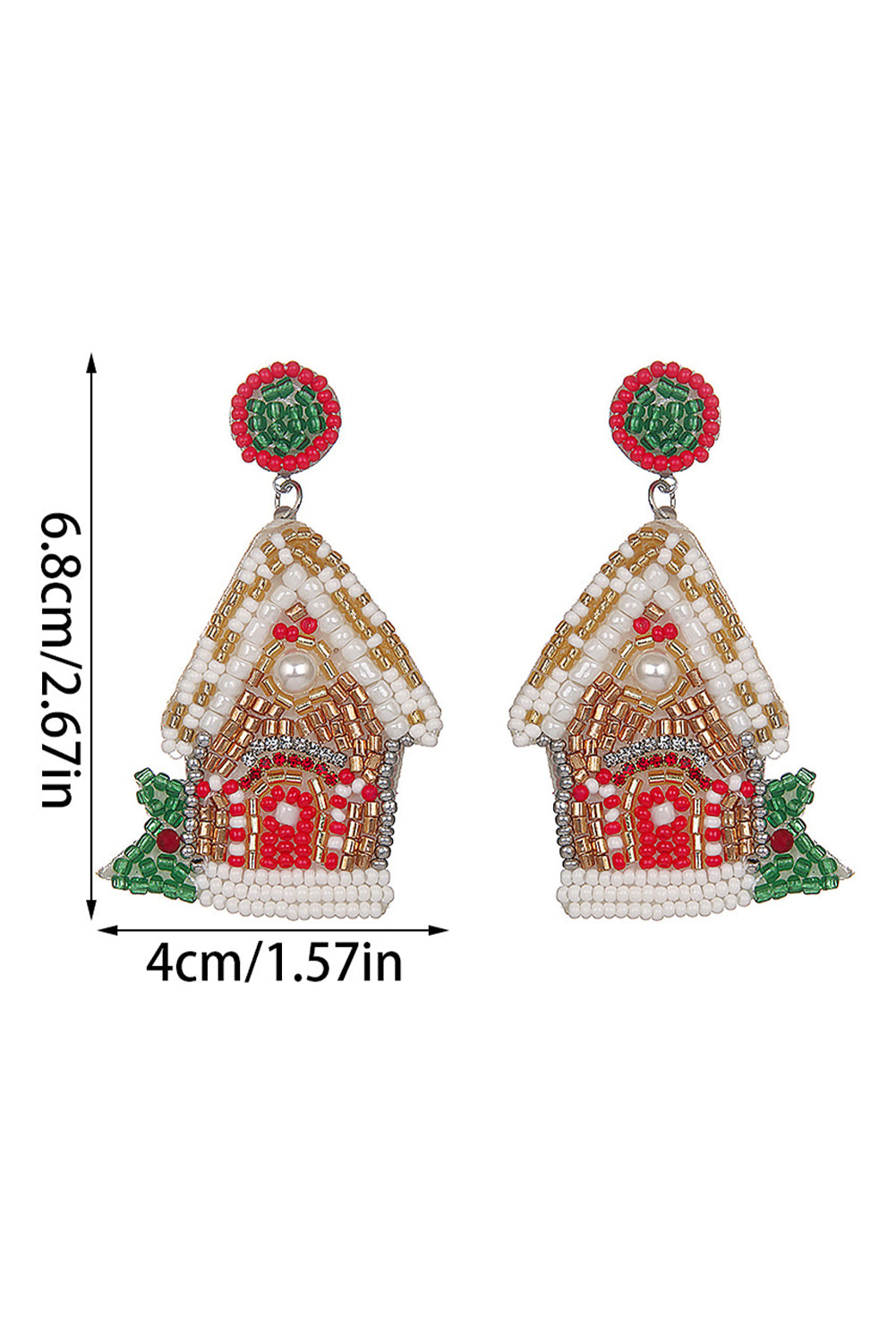 White Christmas Style House Beaded Stud Dangle Earrings - Threaded Pear