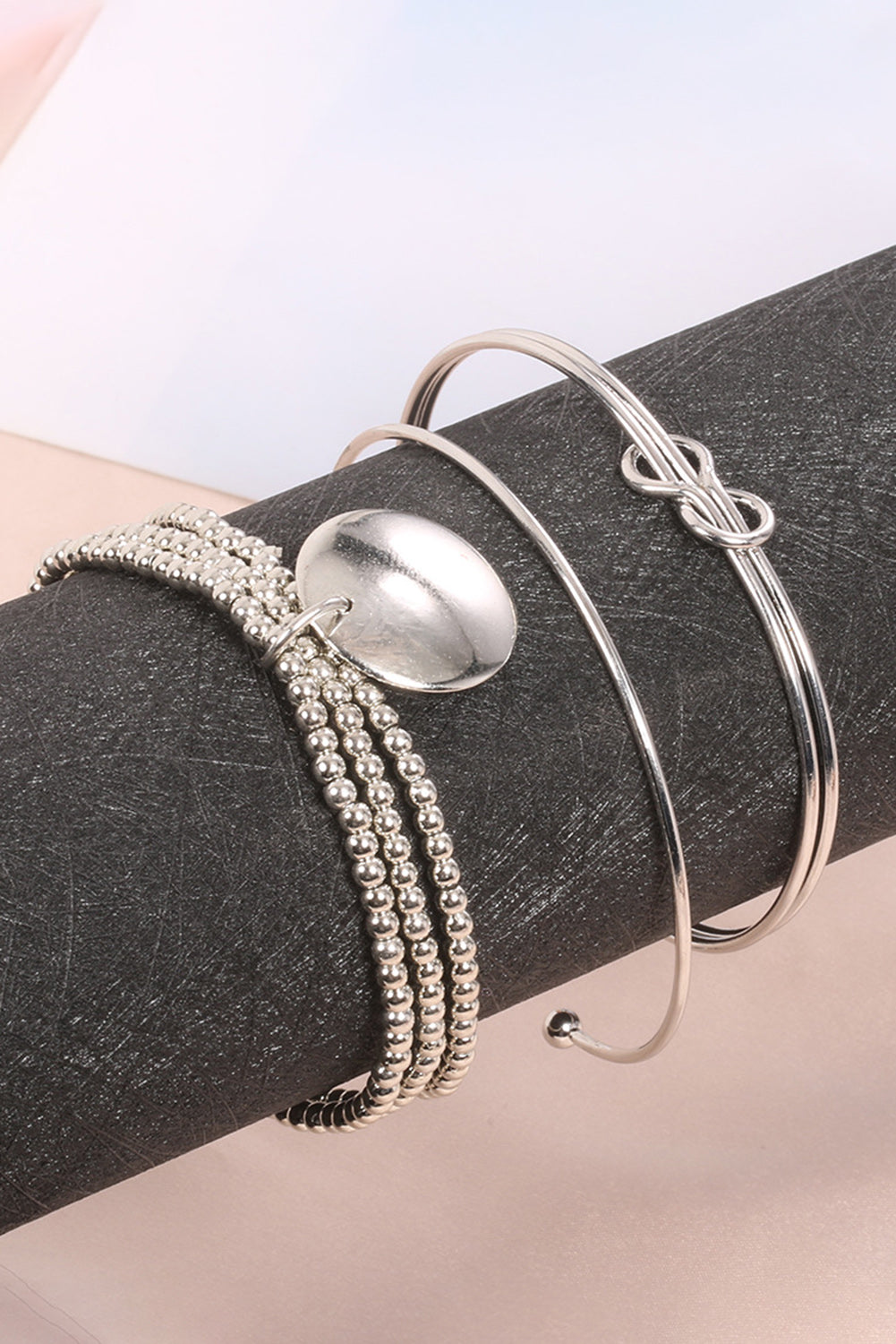 Silver Knotted Beaded 3-piece Bracelet Set - Threaded Pear