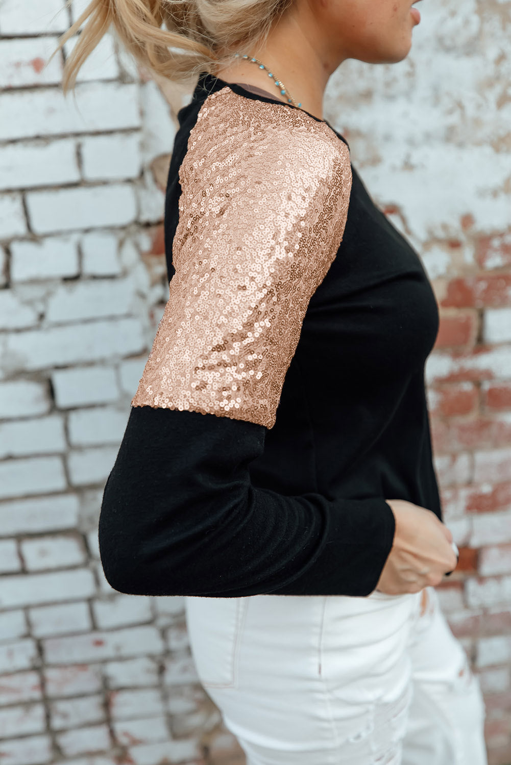 Diana Sequin Shoulder Long Sleeve Top - Threaded Pear