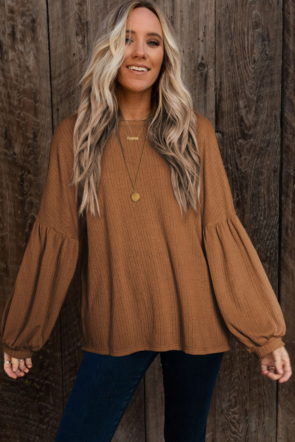 Madison Knit Jacquard Puffy Long Sleeve Top - Threaded Pear