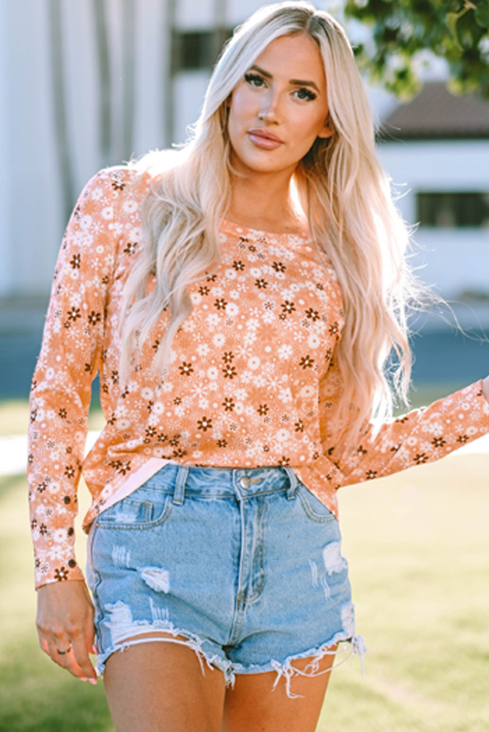 Whitney Floral Knit Long Sleeve Top - Threaded Pear