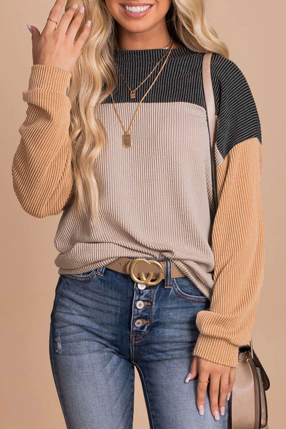 Rachel Block Long Sleeve Ribbed Loose Top - Threaded Pear