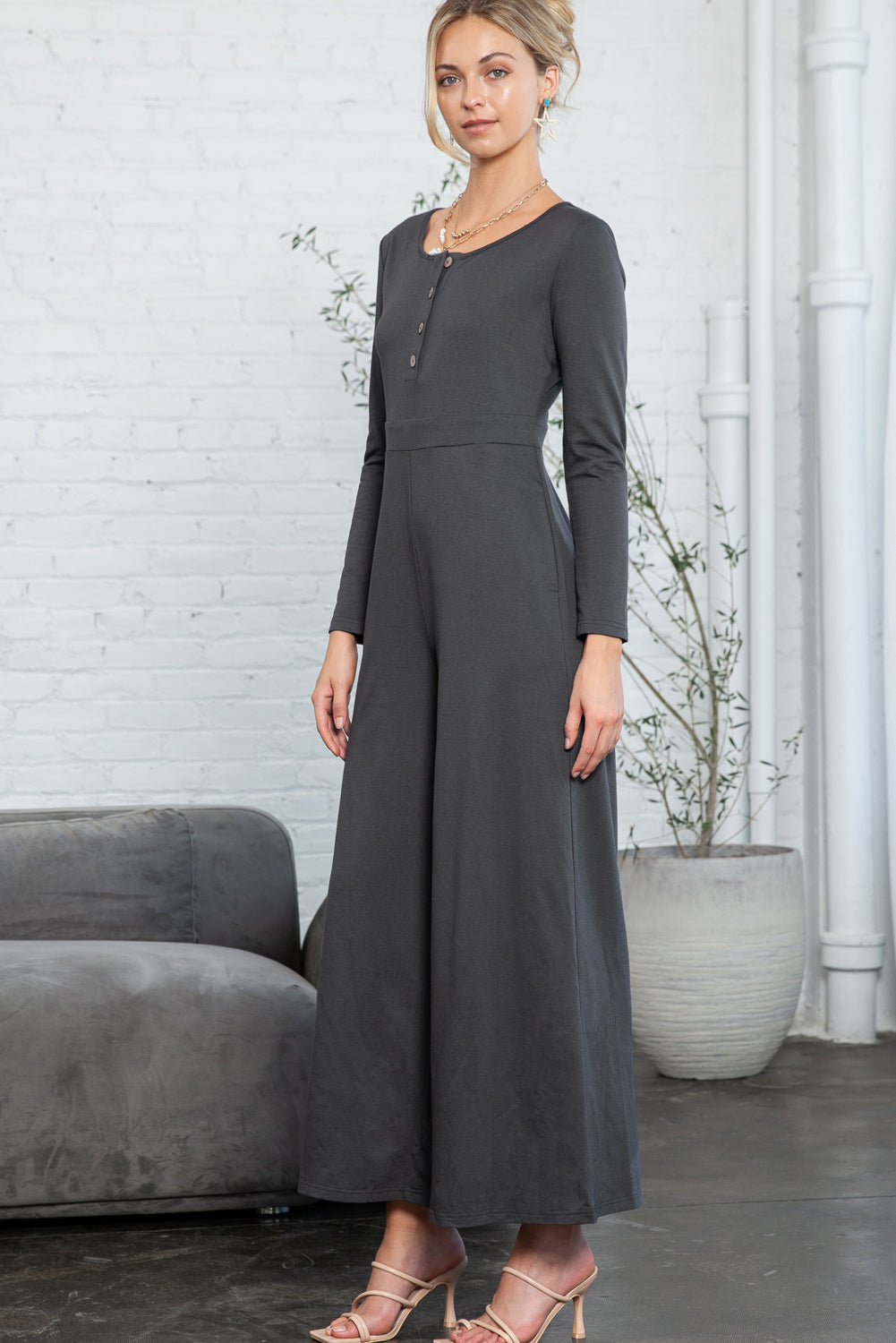Trinity Button Long Sleeve Wide Leg Jumpsuit - Threaded Pear