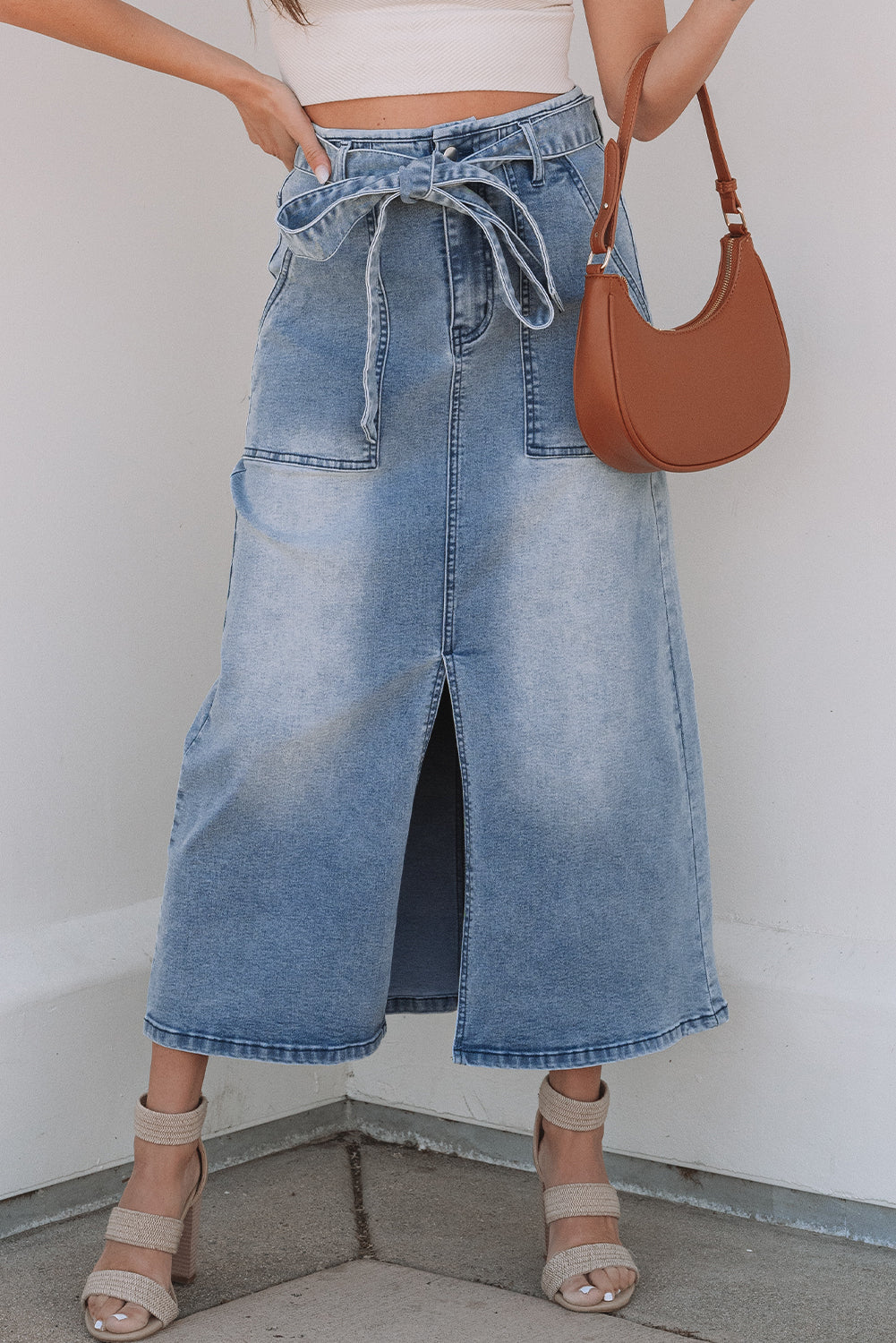 Ariah High Waist Midi Denim Skirt - Threaded Pear