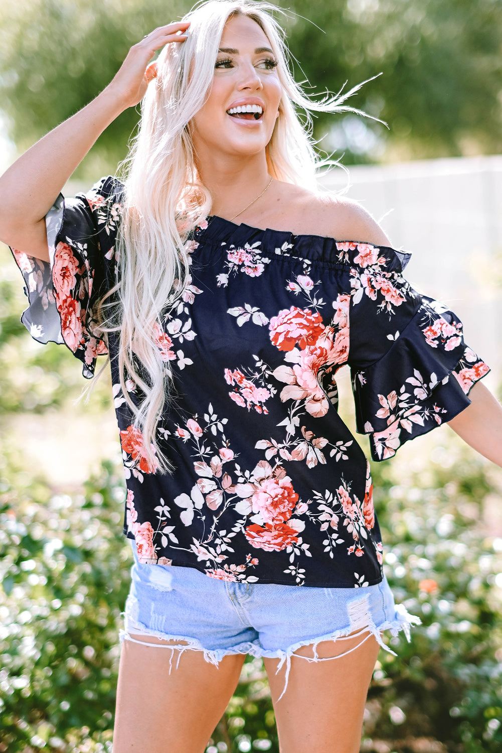 Savanna Ruffle Off Shoulder Flounce Sleeve Blouse - Threaded Pear
