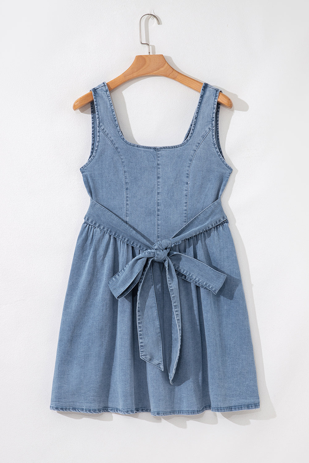 Emily Square Neck Bowknot A-line Denim Dress - Threaded Pear