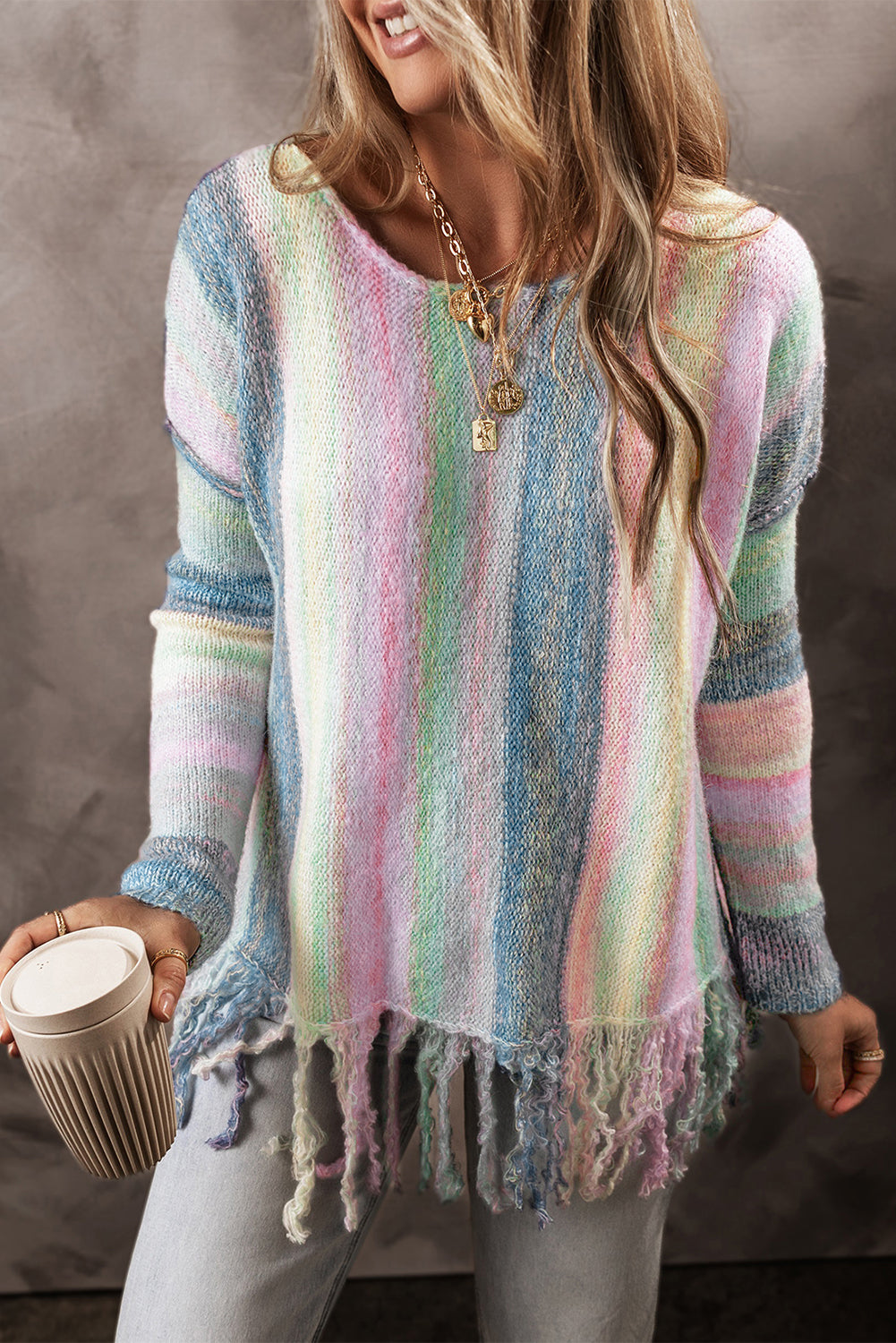 Aylani Fringed Tunic Sweater - Threaded Pear