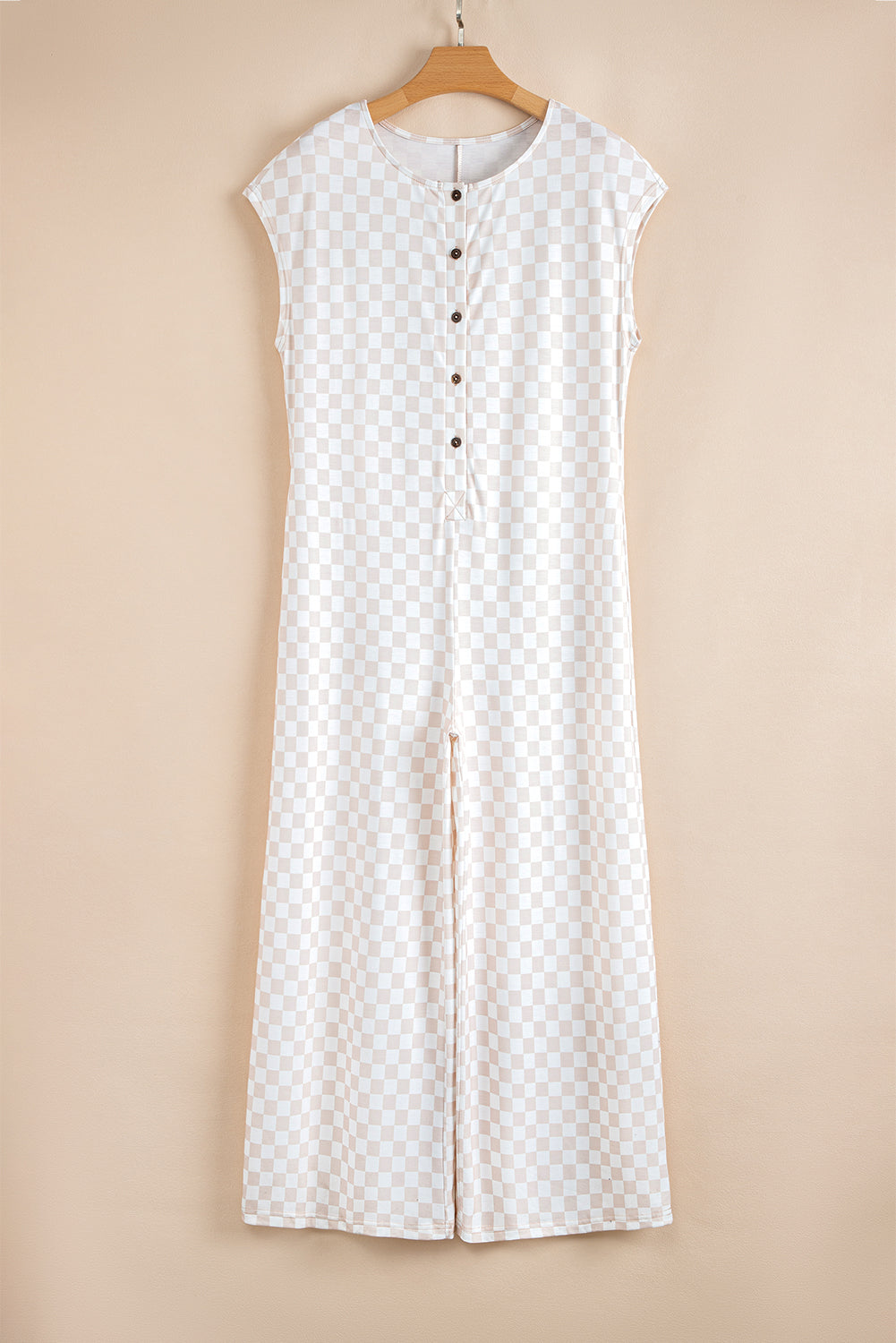 Paisley Checkered Buttoned Crew Neck Wide Leg Jumpsuit - Threaded Pear