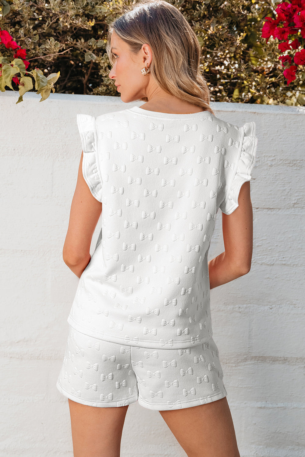 Ocean Bow Jacquard Ruffle Sleeve Short 2pcs Outfit - Threaded Pear